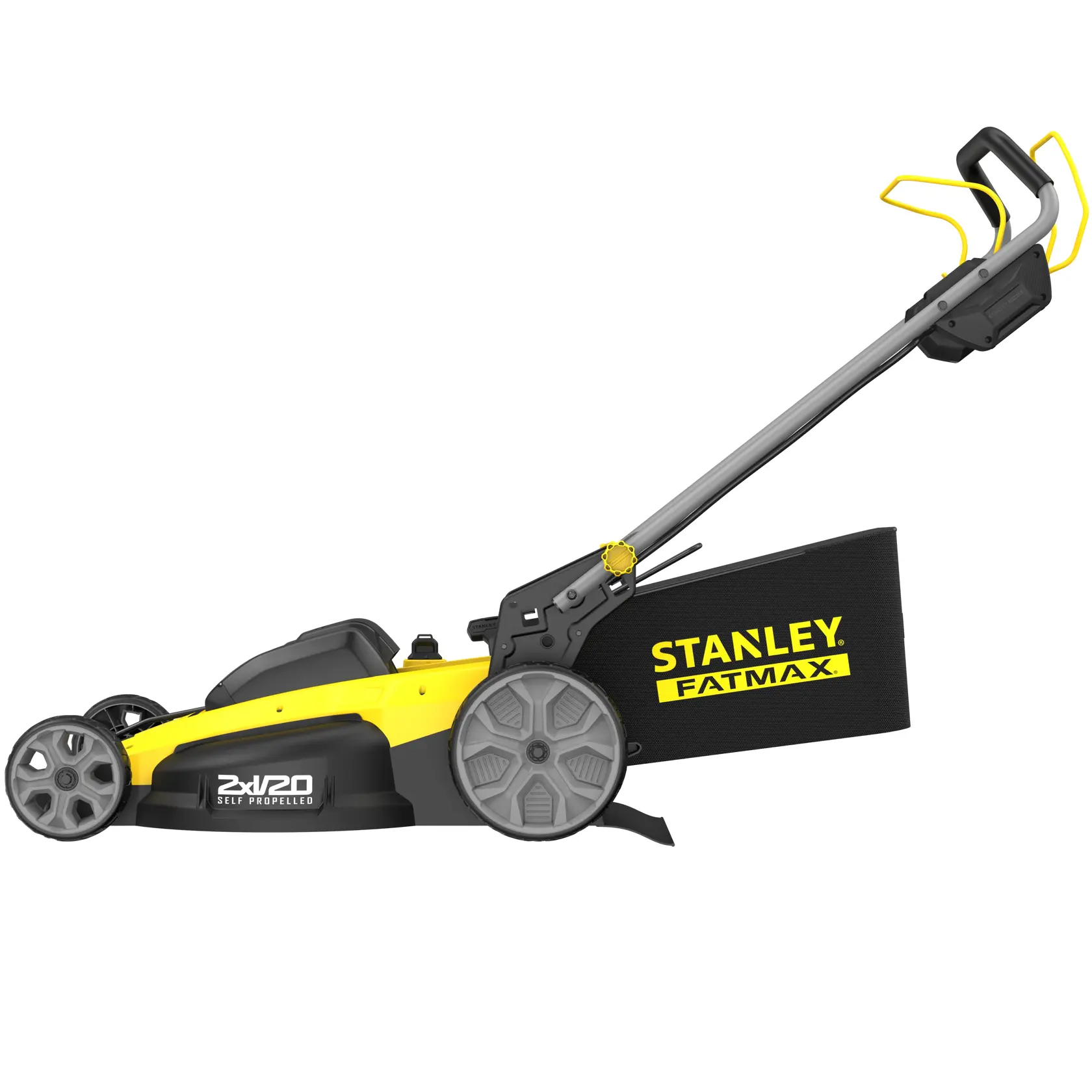 STANLEY SFMCMWS251B yellow and black self-propelled lawn mower, side view on white background.