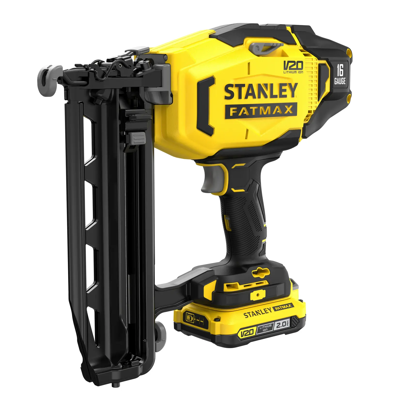 STANLEY SFMCN616D2K cordless nail gun, yellow and black, front left angle on white background.