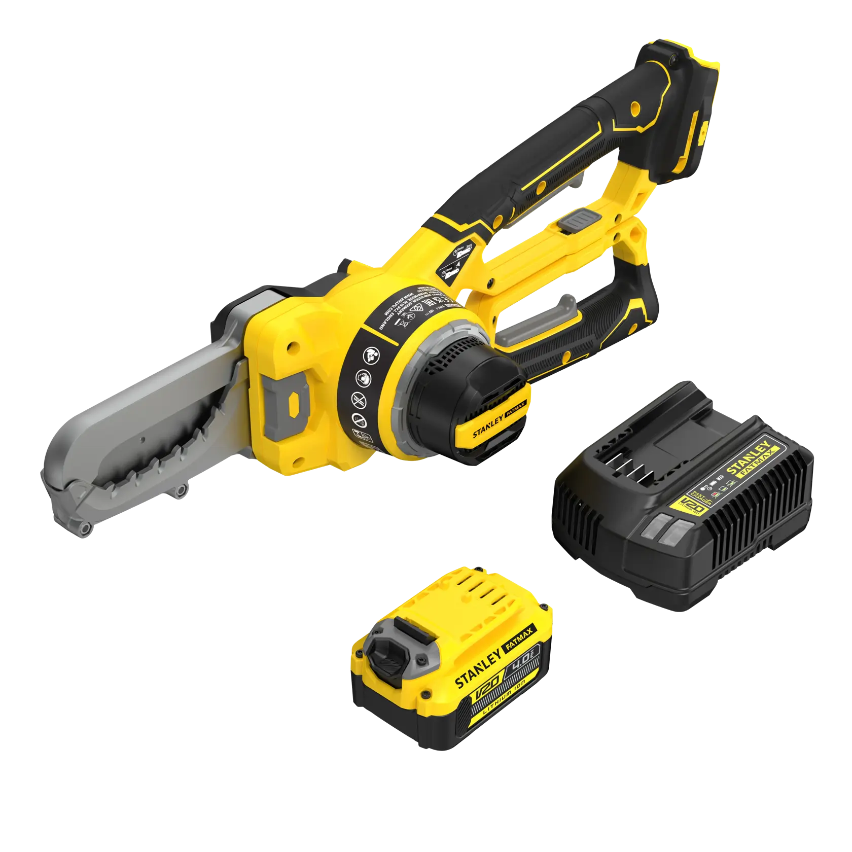STANLEY SFMCPS515M1 cordless pruning saw set with yellow and black saw, battery, and charger, front angle on white.