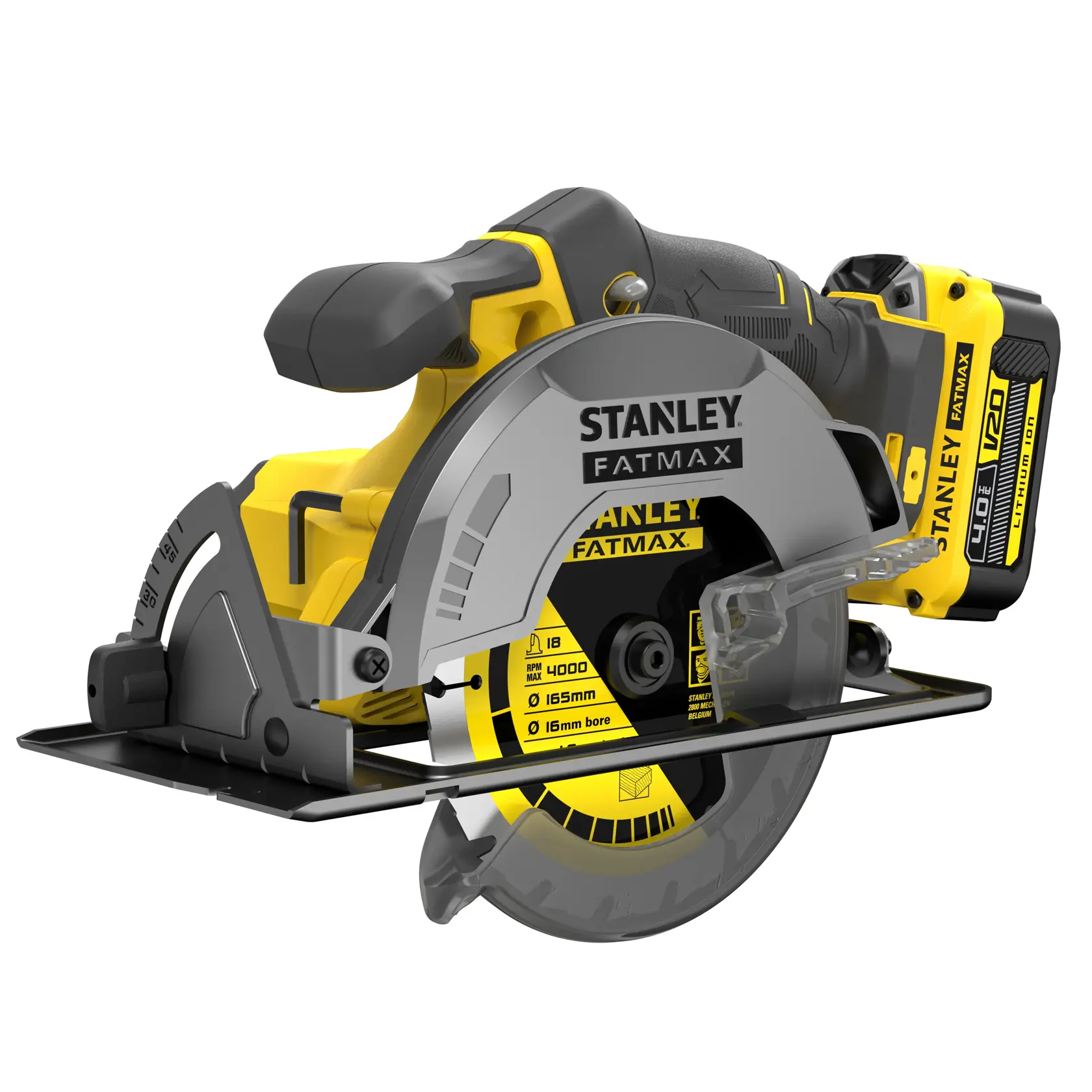 STANLEY SFMCS500M2K cordless circular saw, yellow and black, front angle, showing blade guard and V20 battery.