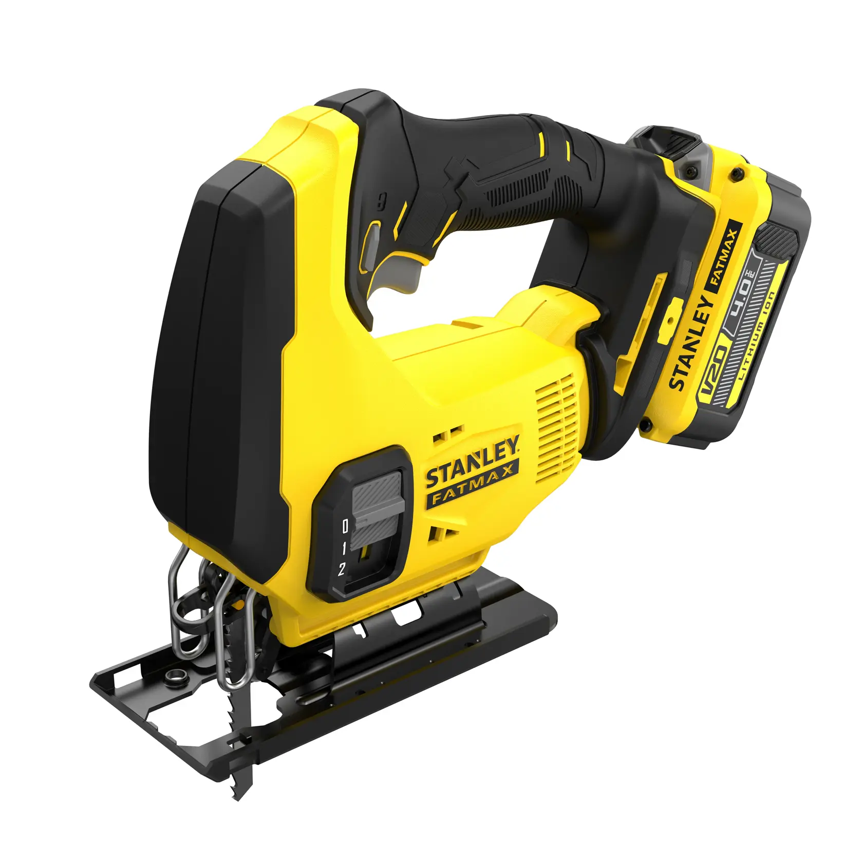 STANLEY SFMCS600M2K cordless jigsaw, yellow and black, side angle on white background.