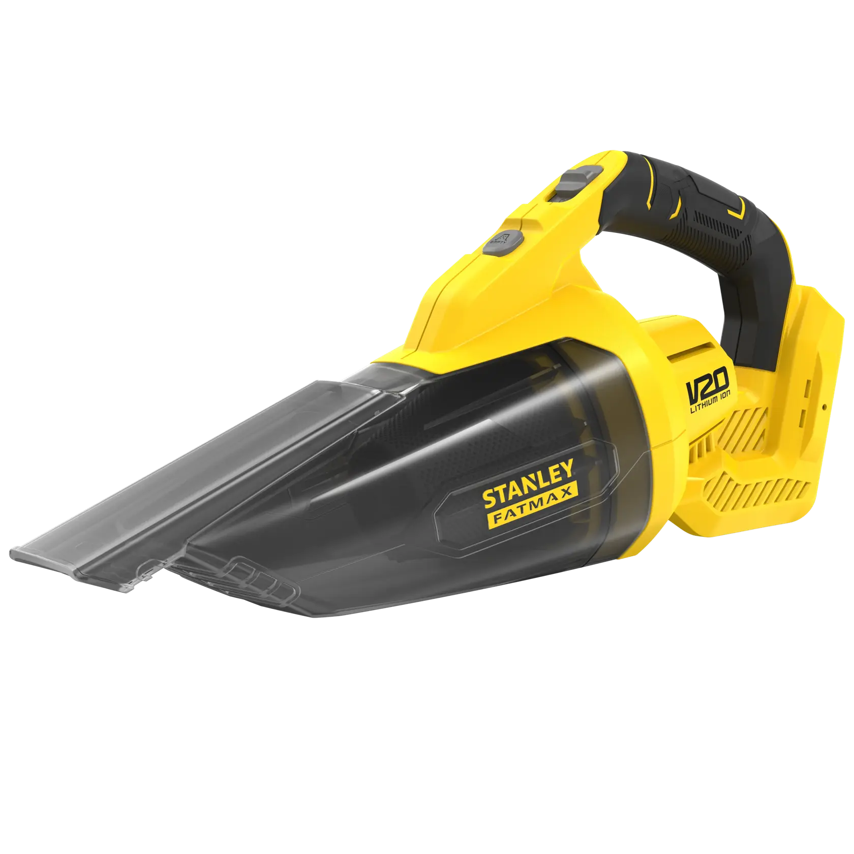Stanley SFMCVH001B handheld vacuum, yellow and black, FATMAX, side angle, white background.