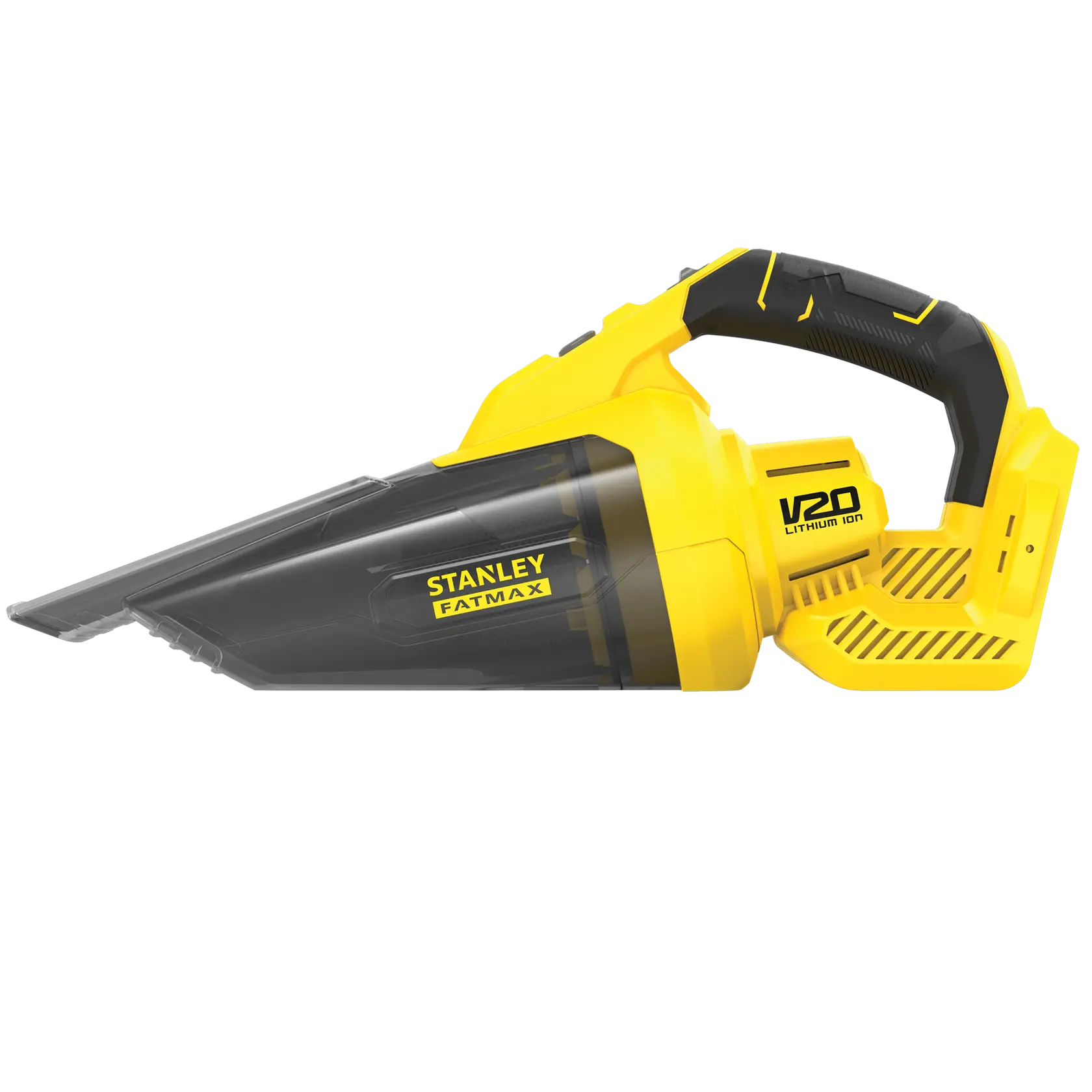 STANLEY SFMCVH001B handheld vacuum with yellow and black design, side angle on white background.