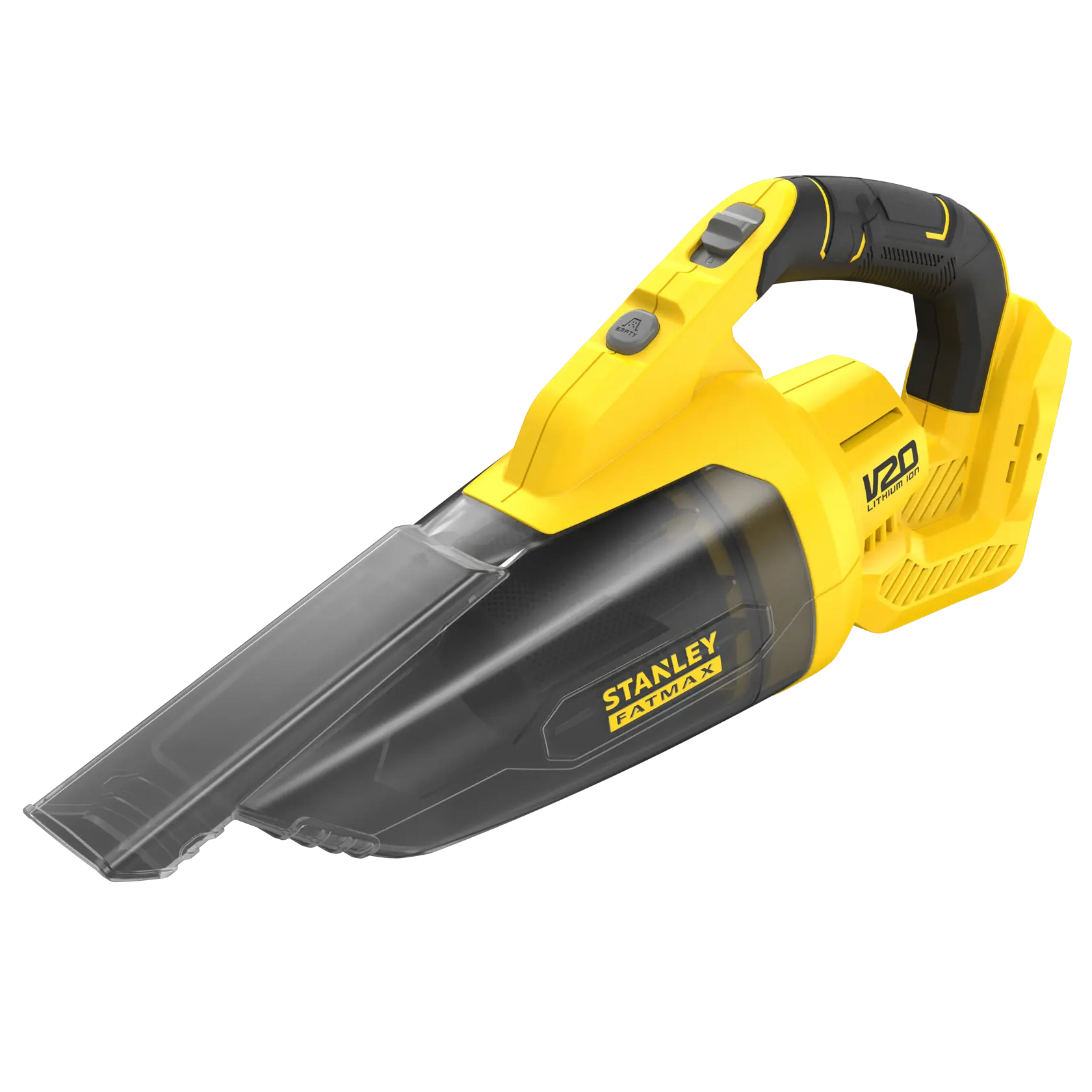 STANLEY SFMCVH001B cordless handheld vacuum, yellow and black, side angle, white background.