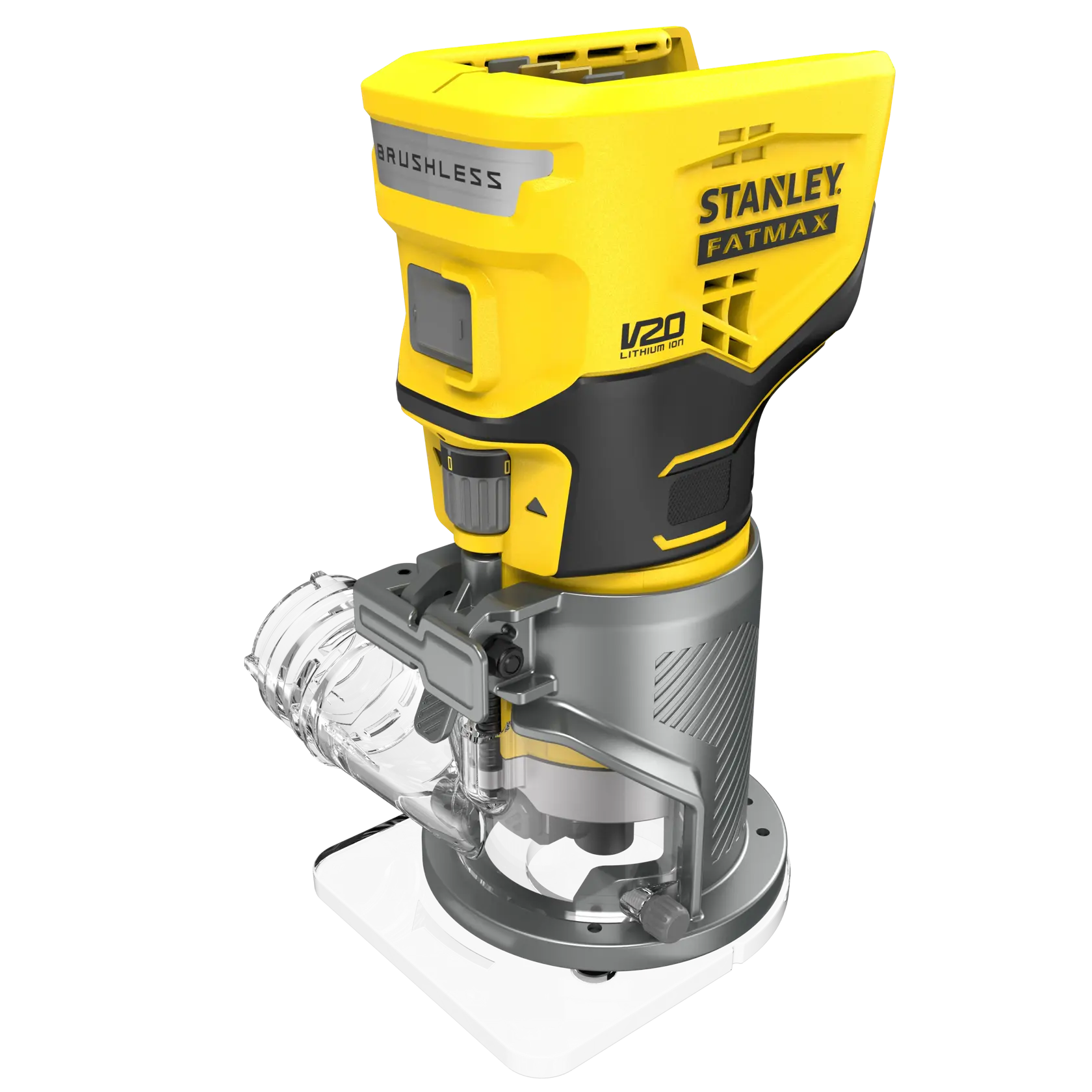 STANLEY SFMCW400B cordless router, yellow and black, three-quarter angle on white background.
