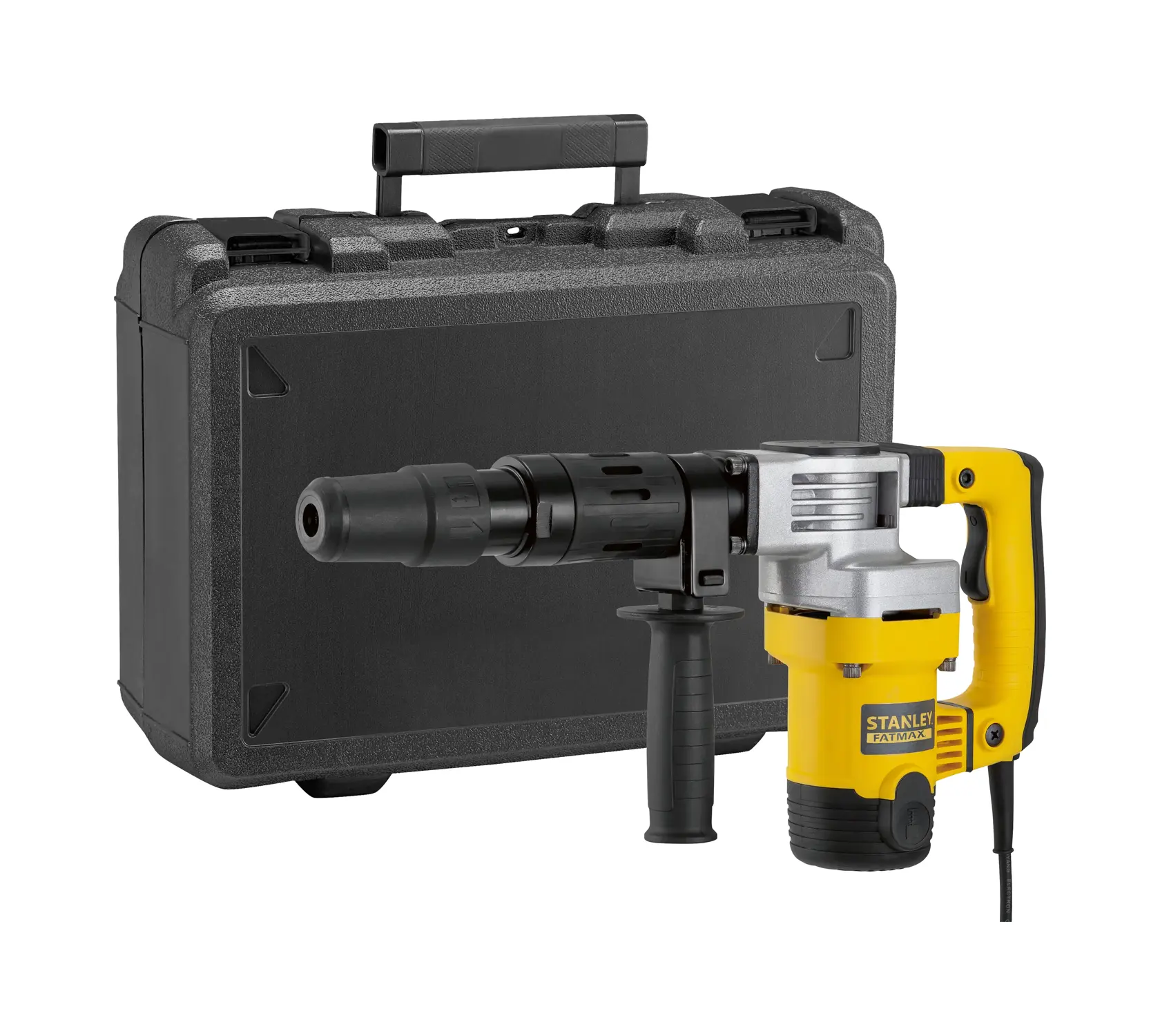STANLEY SFMEH220K corded rotary hammer drill with black carry case, front angle on white background.