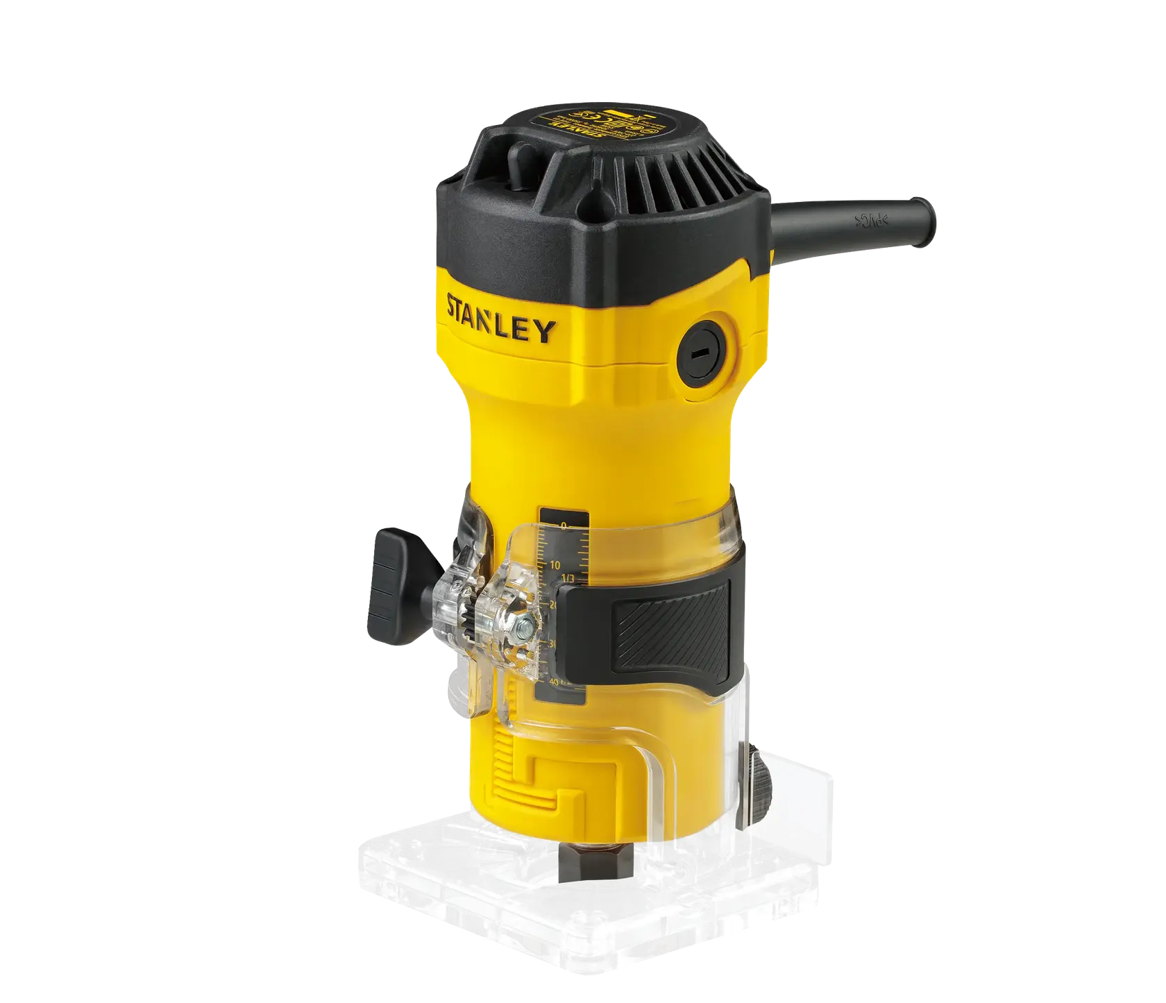 Photo of STANLEY ST55-B2 yellow trim router tool, front right angle, black accents, clear base.