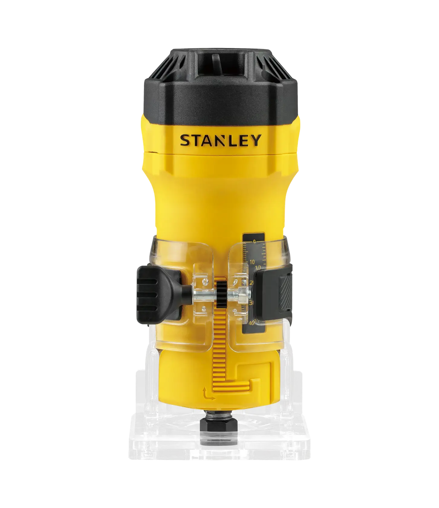 STANLEY ST55-B2 yellow compact router front angle on white background.