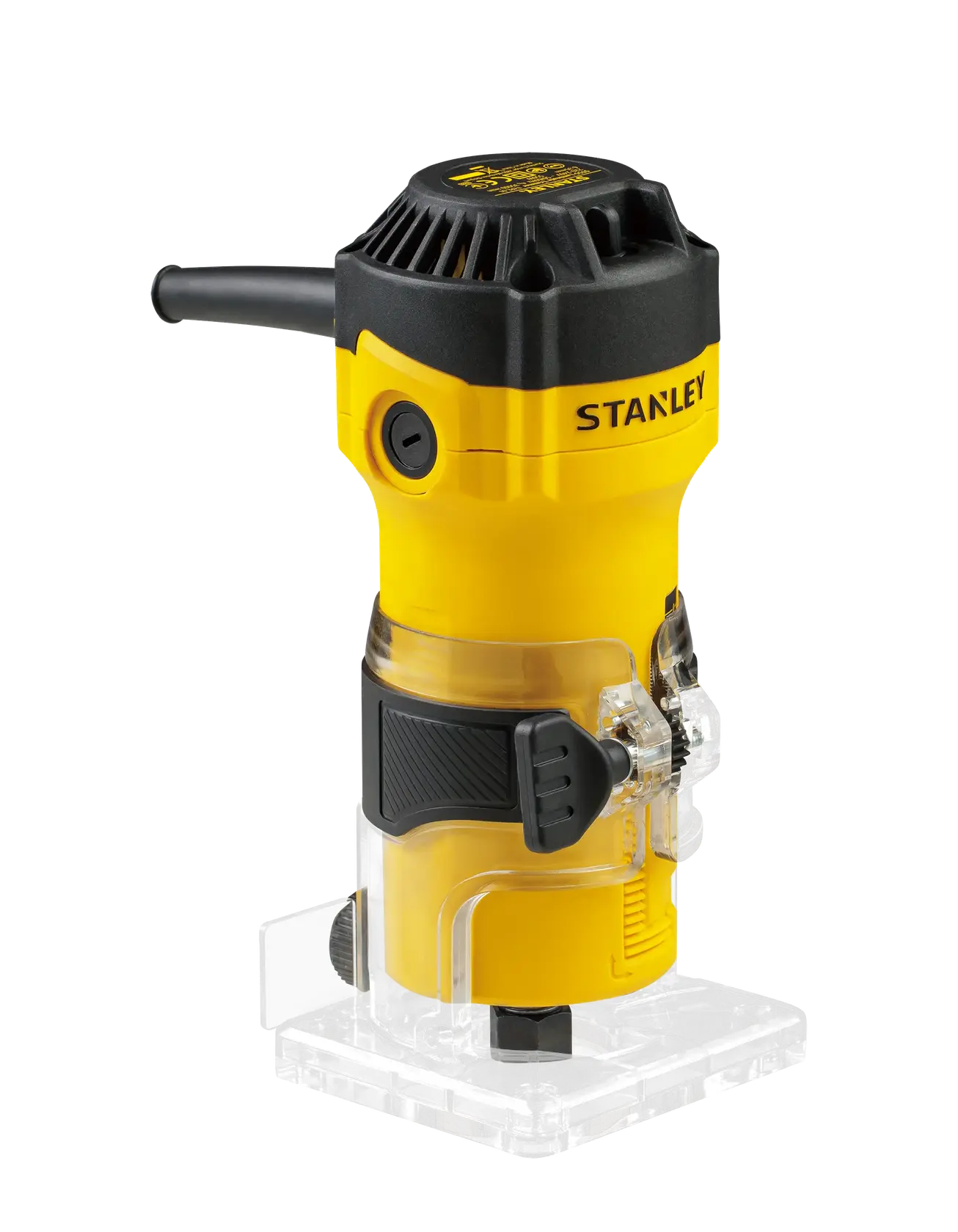 Photo of STANLEY ST55-B2 compact yellow and black hand router on white background.