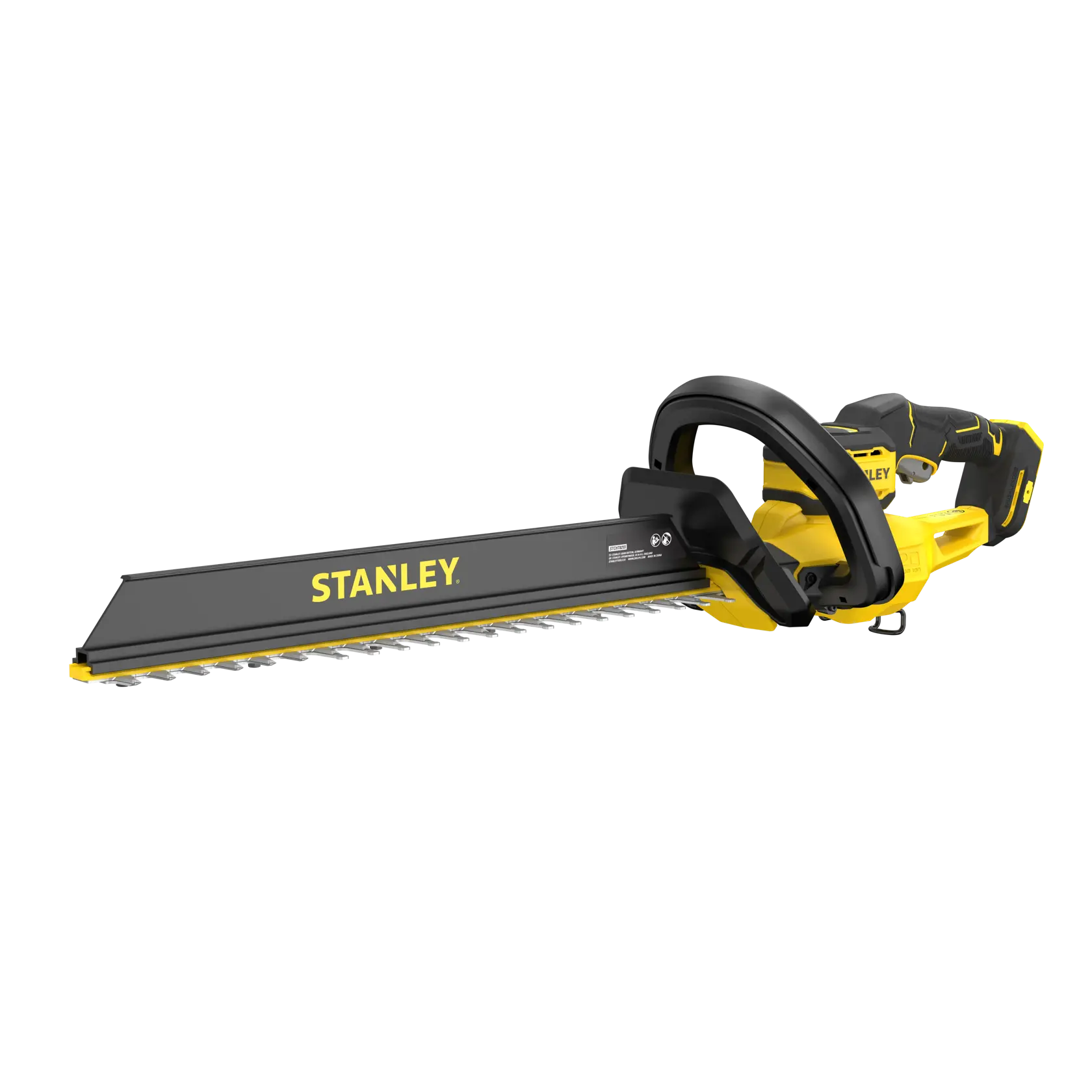 STANLEY STCHT8255B hedge trimmer, black and yellow, side angle on white background.