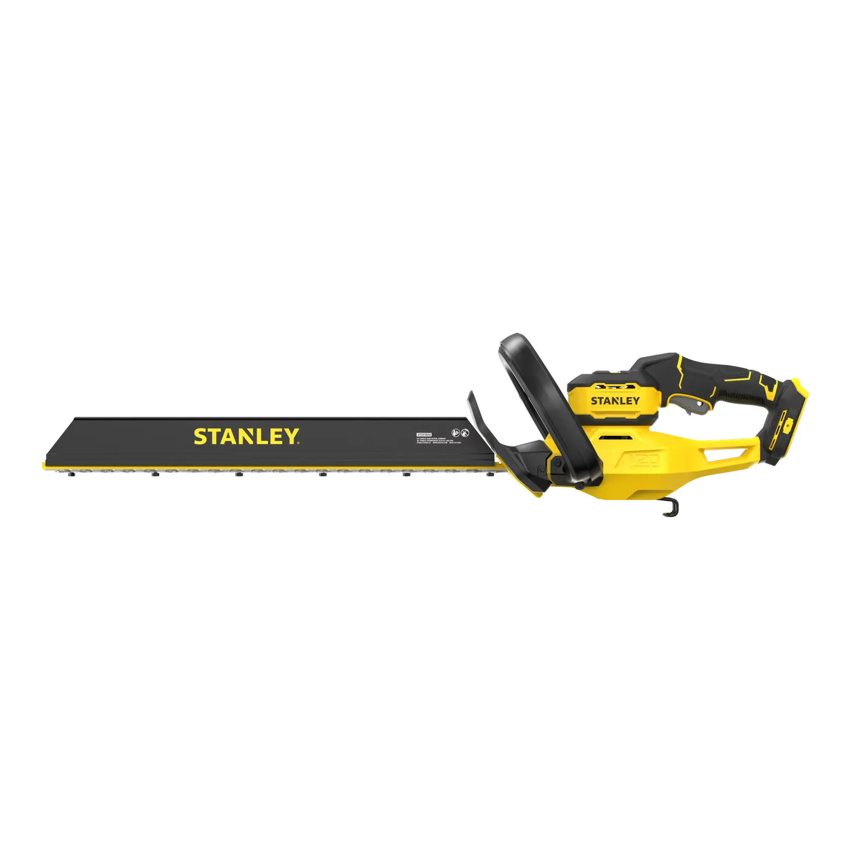 STANLEY STCHT8255B hedge trimmer, yellow and black, side view on white background.