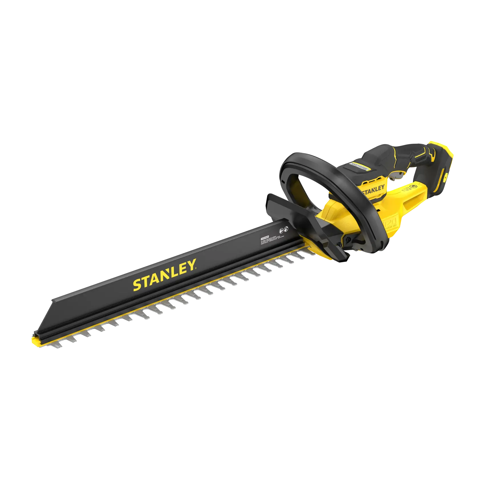 STANLEY STCHT8255B hedge trimmer, yellow and black, side angle on white background.