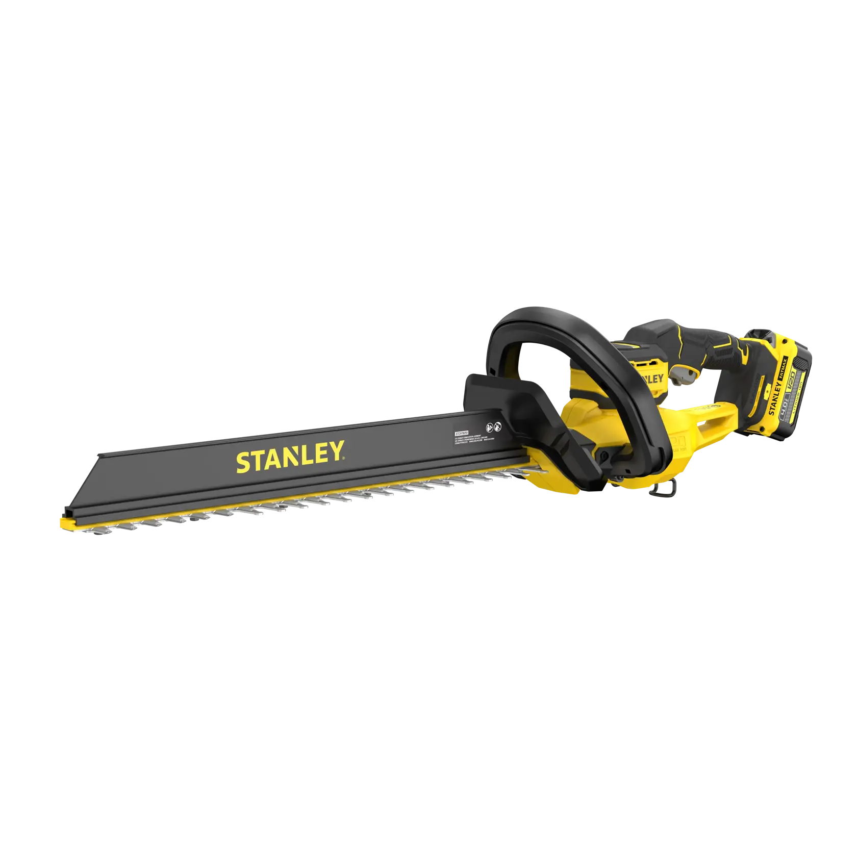 STANLEY STCHT8255M1 hedge trimmer, black and yellow, side angle on white background.