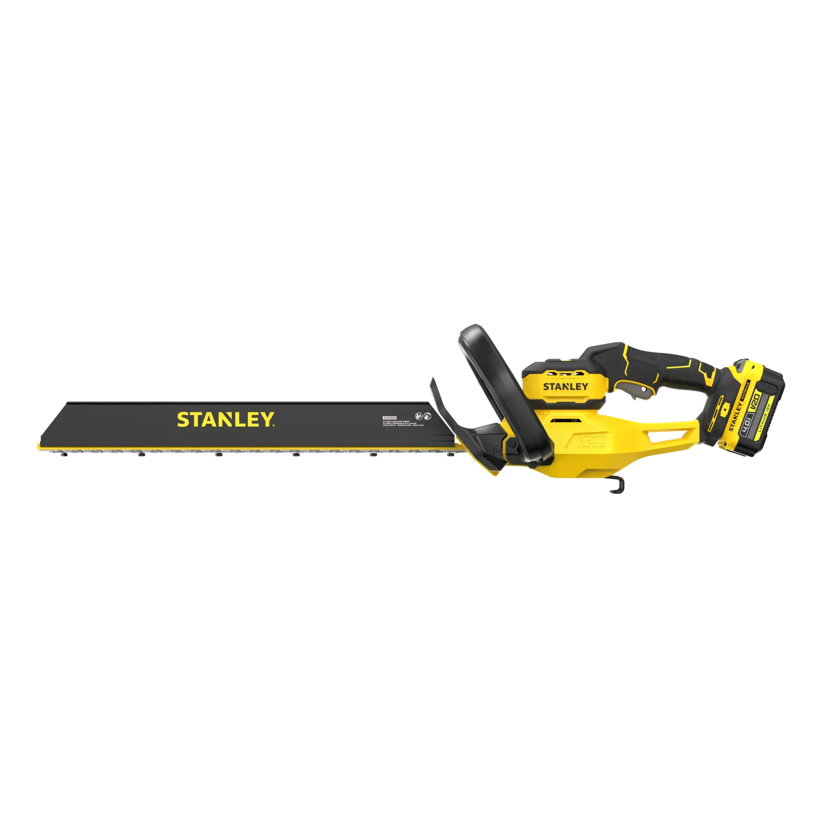 STANLEY STCHT8255M1 yellow and black cordless hedge trimmer, side view on white background.