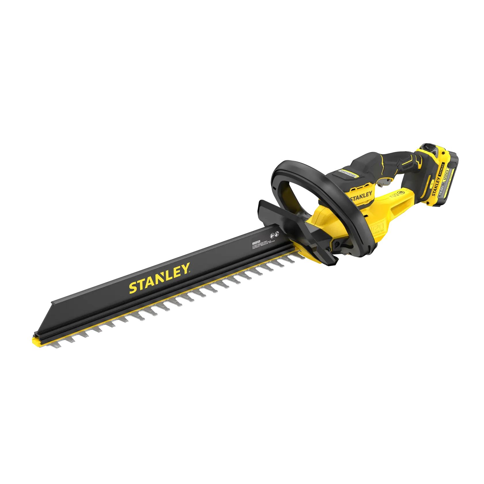 STANLEY STCHT8255M1 hedge trimmer, yellow and black, side angle on white background.