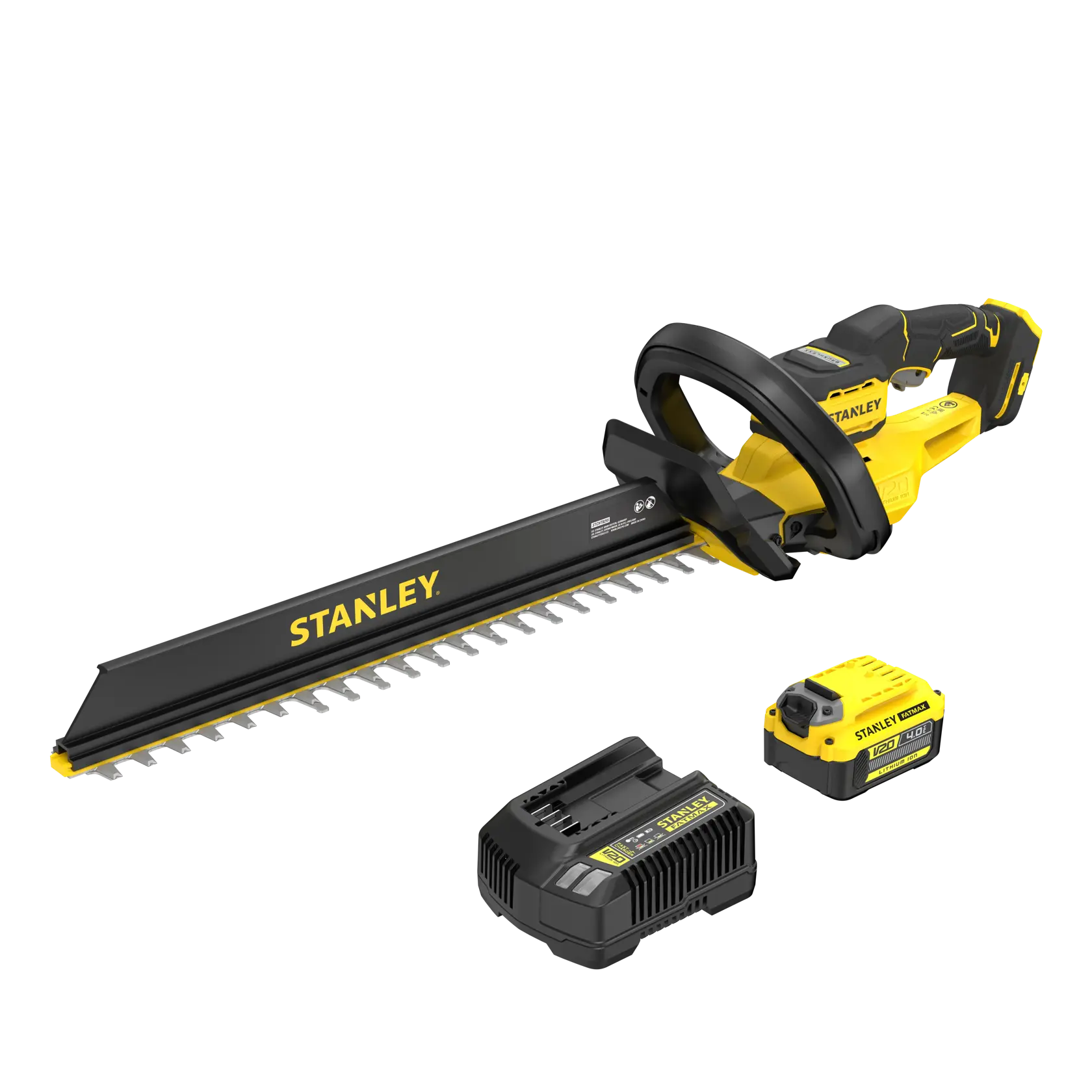STANLEY STCHT8255M1 hedge trimmer with yellow and black body, battery, and charger shown on white background, side angle.