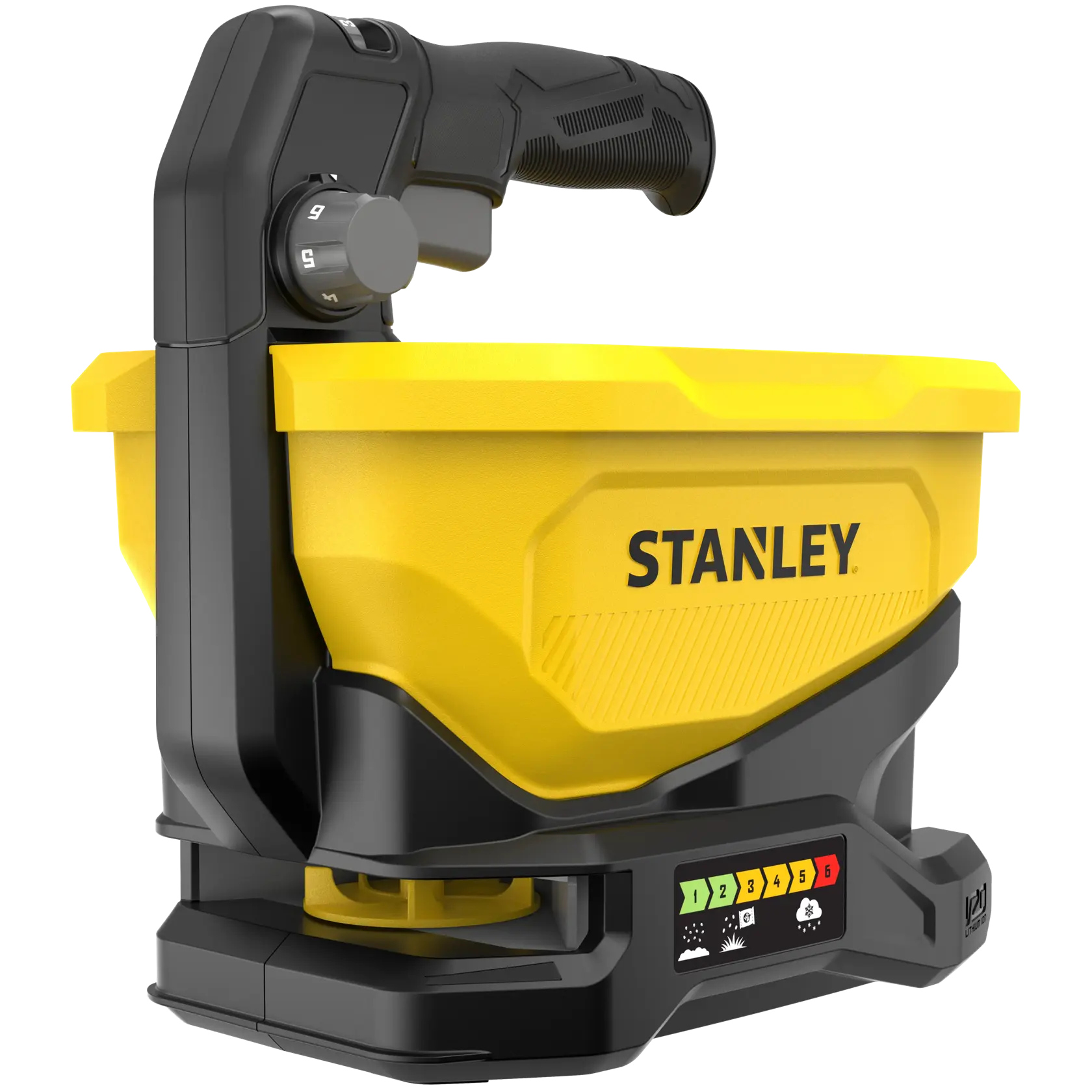 STANLEY STCOE300B battery-powered spreader, yellow and black, front left angle, with control dial.