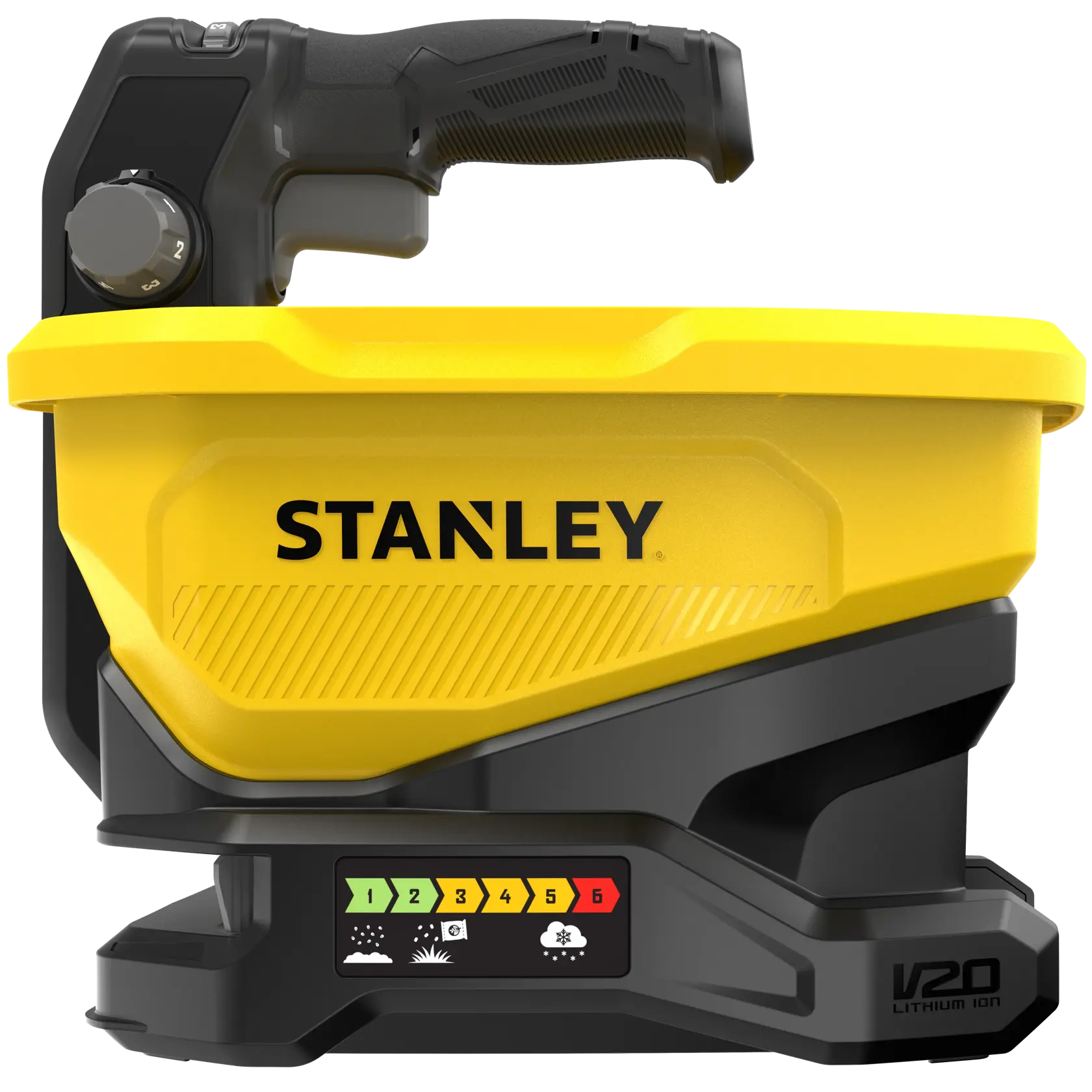 Stanley STCOE300B yellow and black spreader side view with control dial and V20 Lithium Ion battery base.