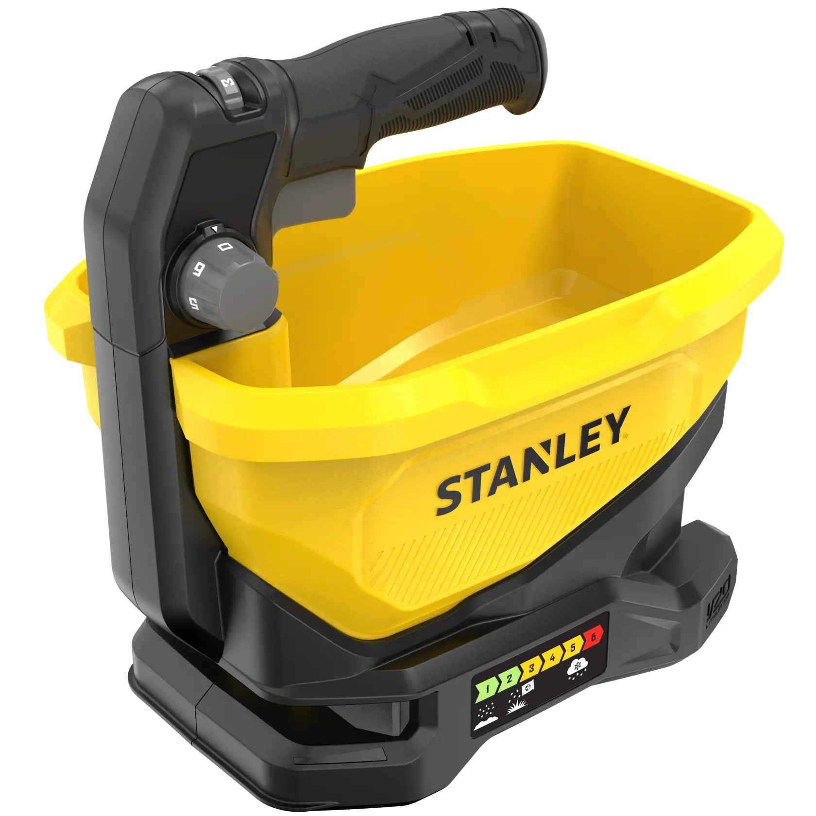STANLEY STCOE300B yellow and black handheld spreader, angled view on white background.