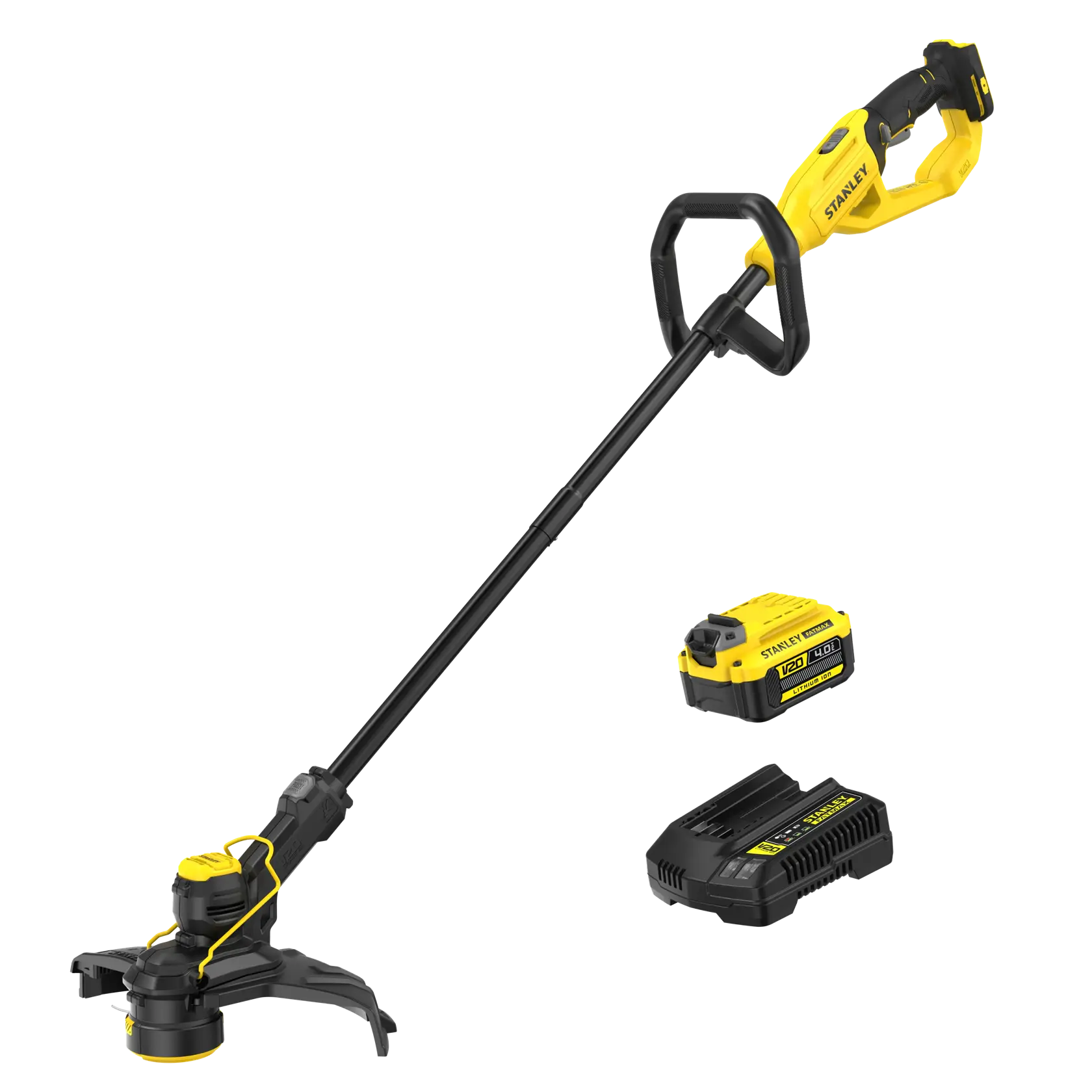 STANLEY STCST933M1 cordless grass trimmer with black and yellow body, battery, and charger, side view.