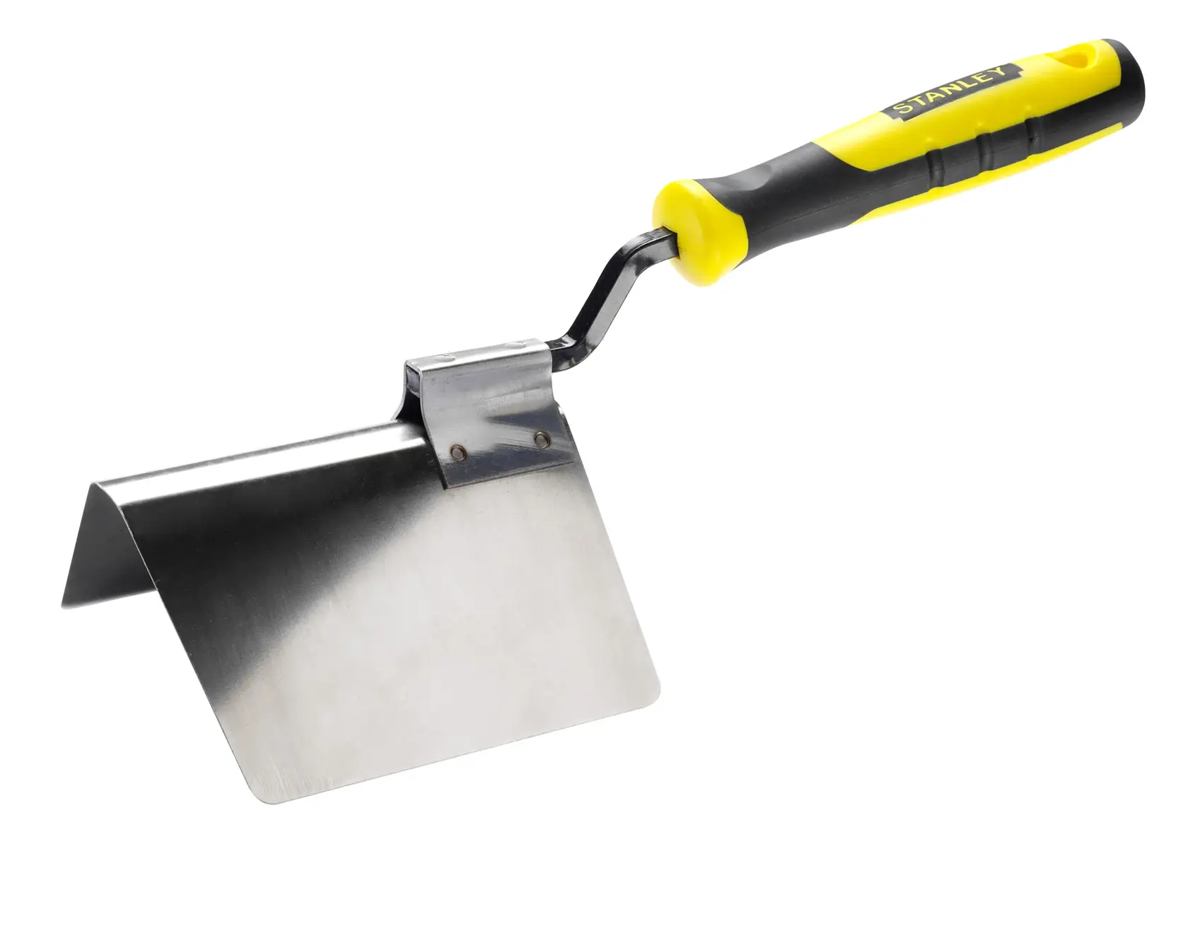 Stanley hand tool with yellow and black handle and angled metal blade for construction or masonry tasks.