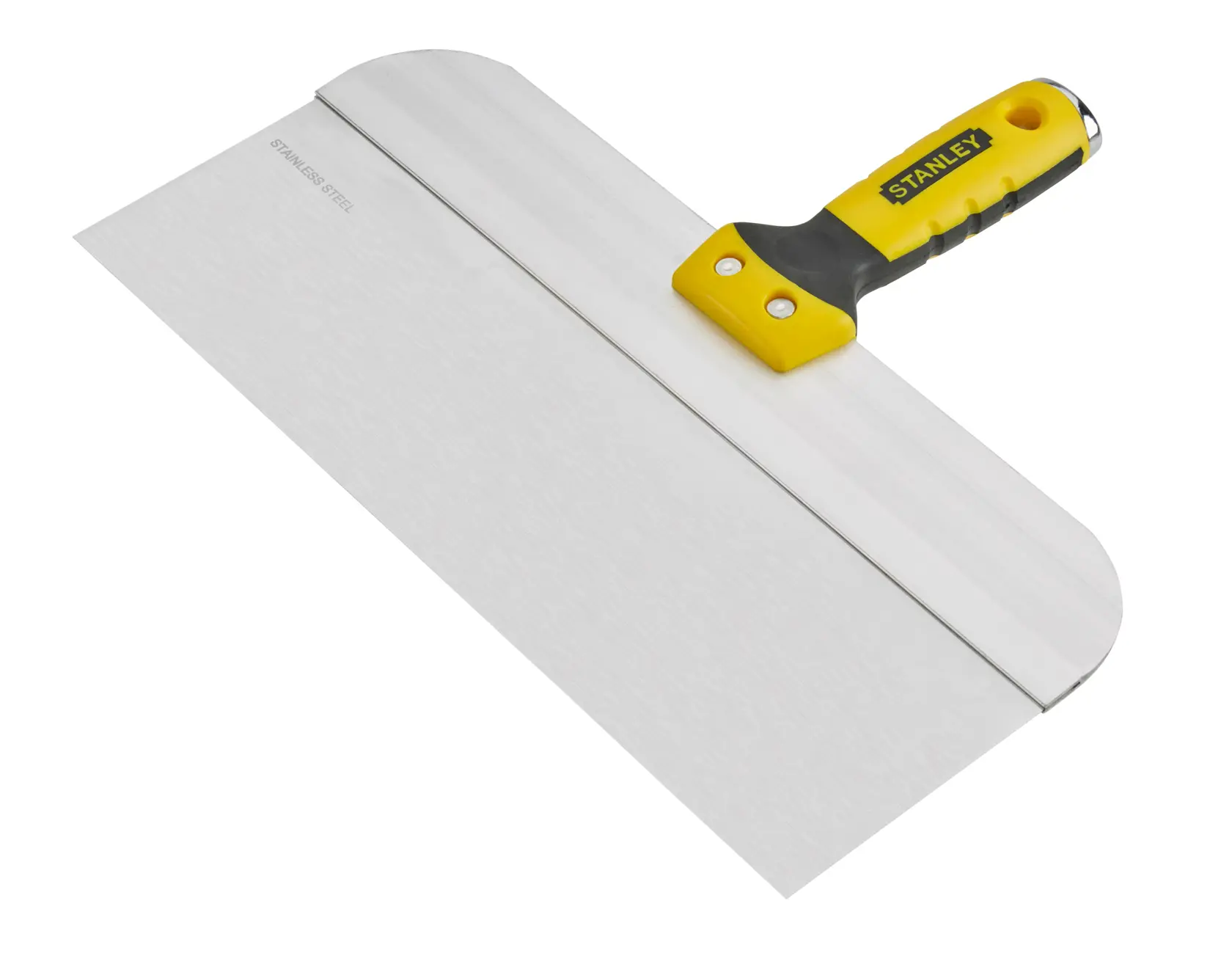 STANLEY STHT0-05776 taping knife with stainless steel blade, yellow and black handle, angled top view.