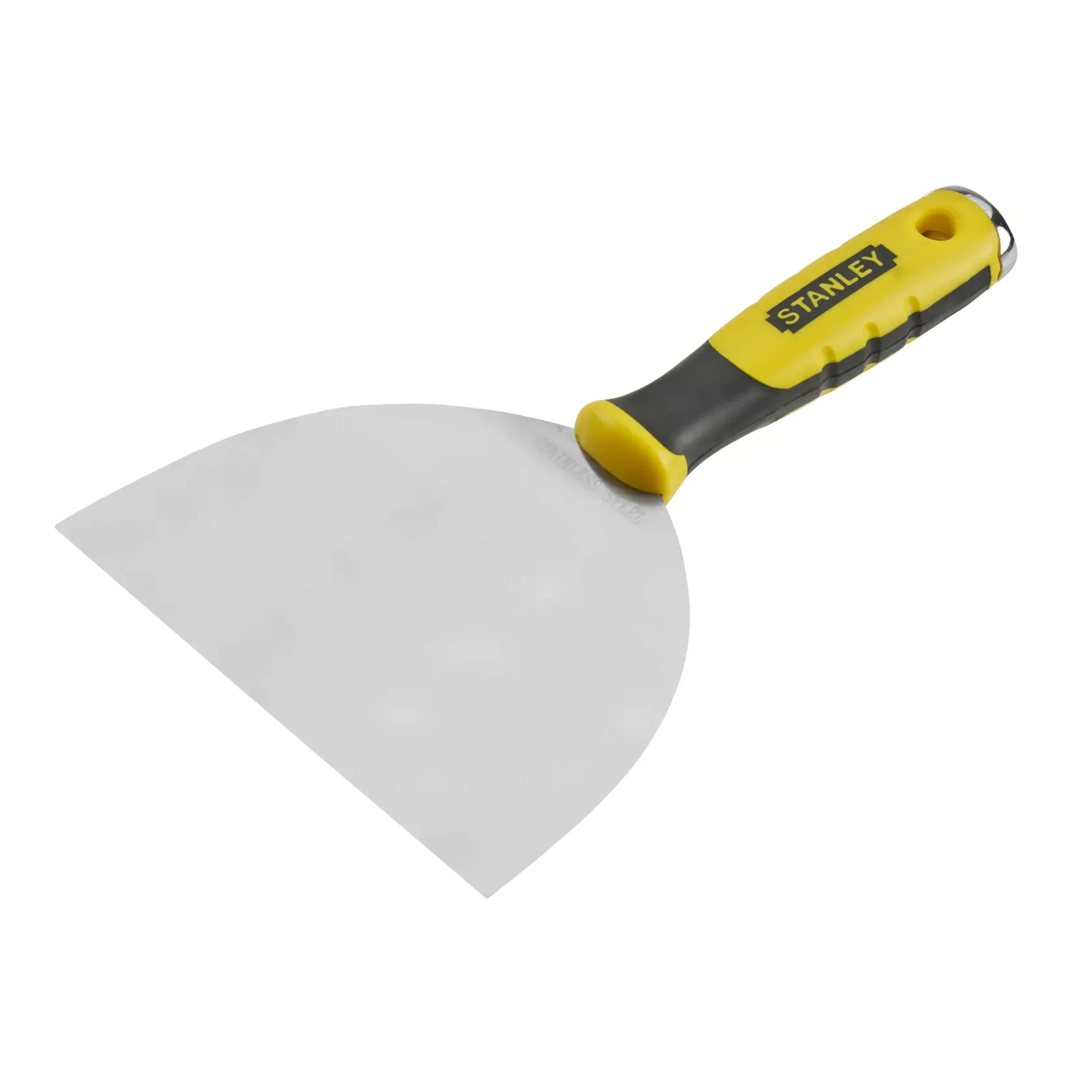Stanley wide putty knife with a yellow and black ergonomic handle and a stainless-steel blade.
