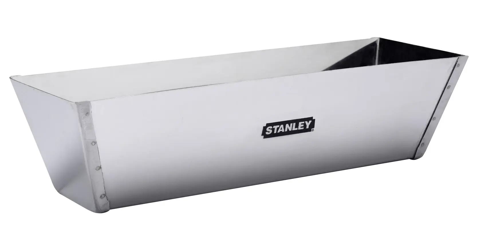 Photo of STANLEY STHT0-05867 stainless steel mud pan, rectangular with angled sides, side view on white background.