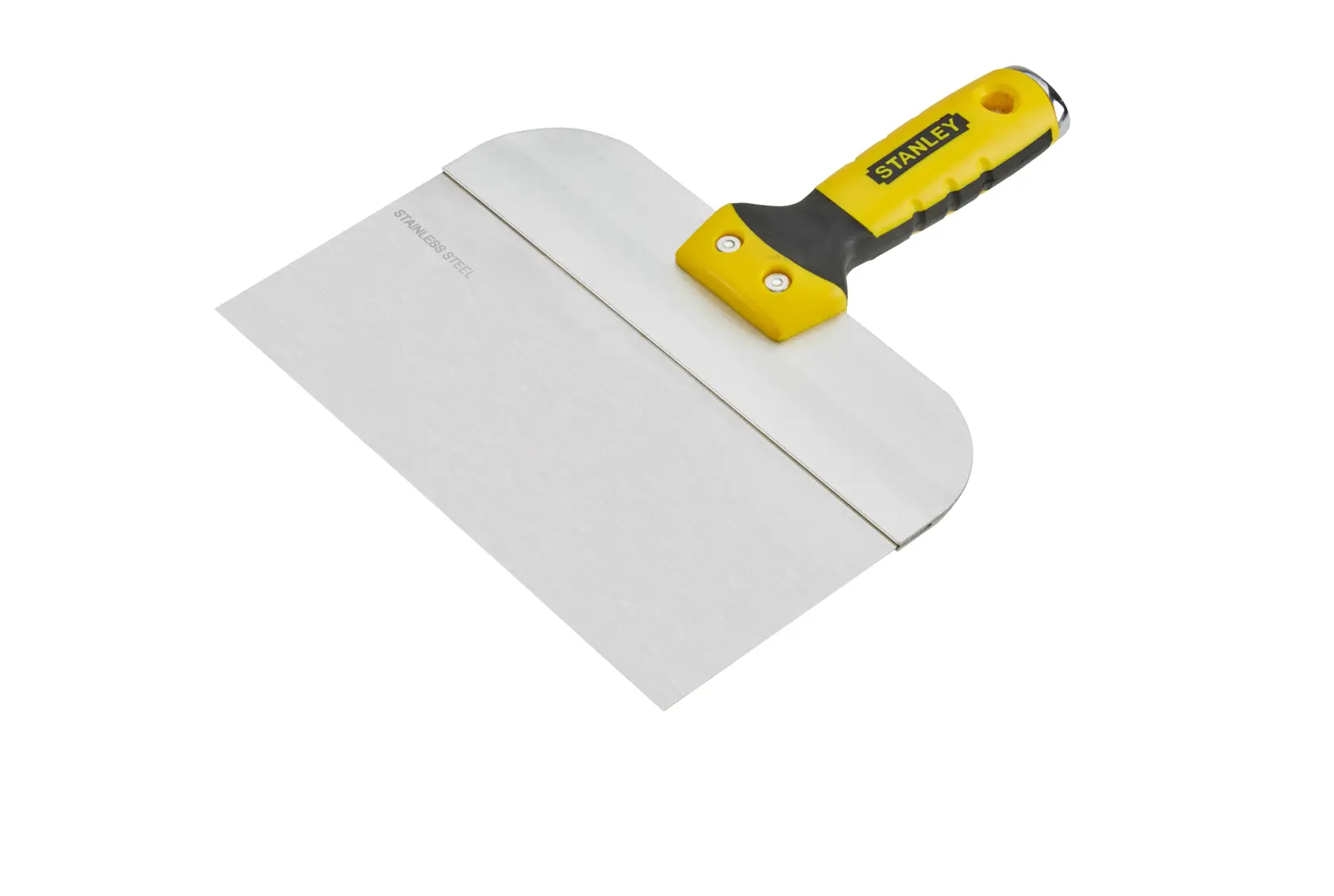 Stanley plastering knife with wide stainless steel blade and yellow-black handle for smoothing surfaces.