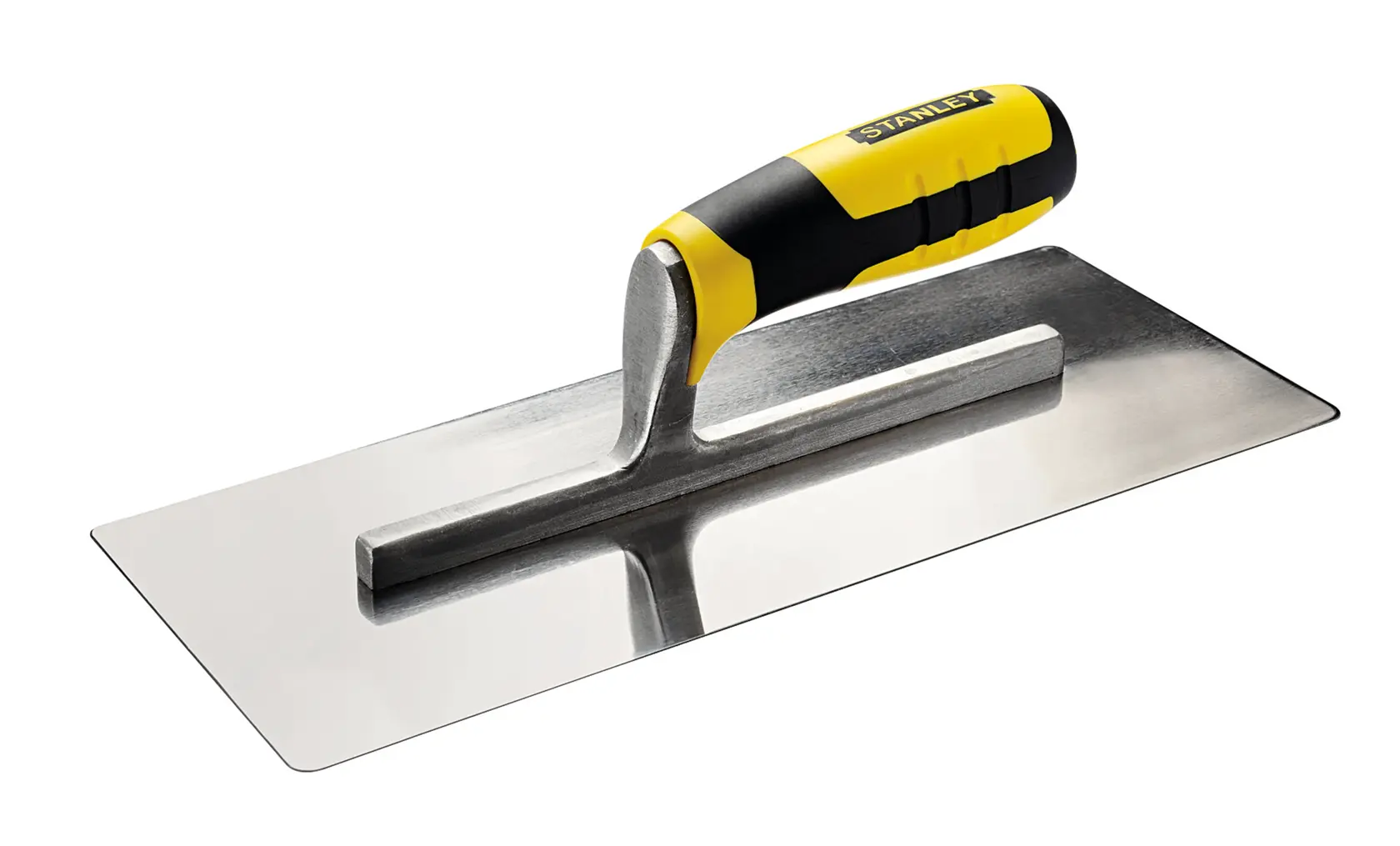 STANLEY STHT0-05899 masonry trowel, stainless steel blade, black and yellow ergonomic handle, angled view.