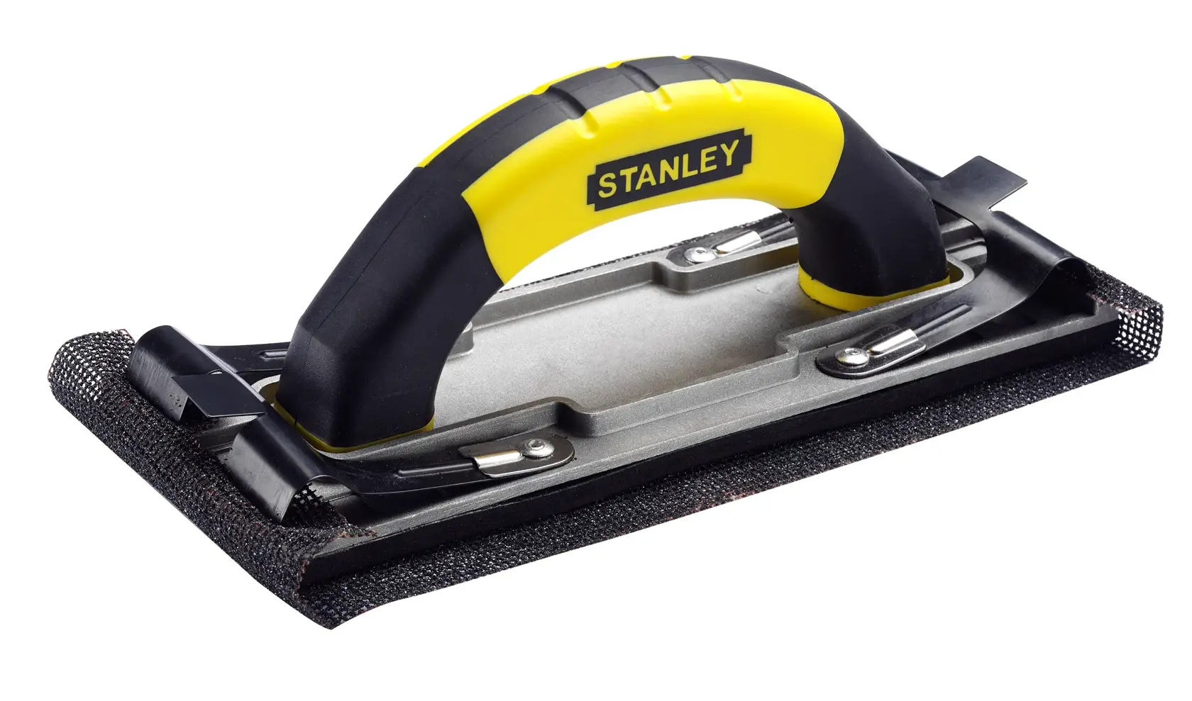 STANLEY STHT0-05927 hand sander with yellow and black handle, side angle, white background.