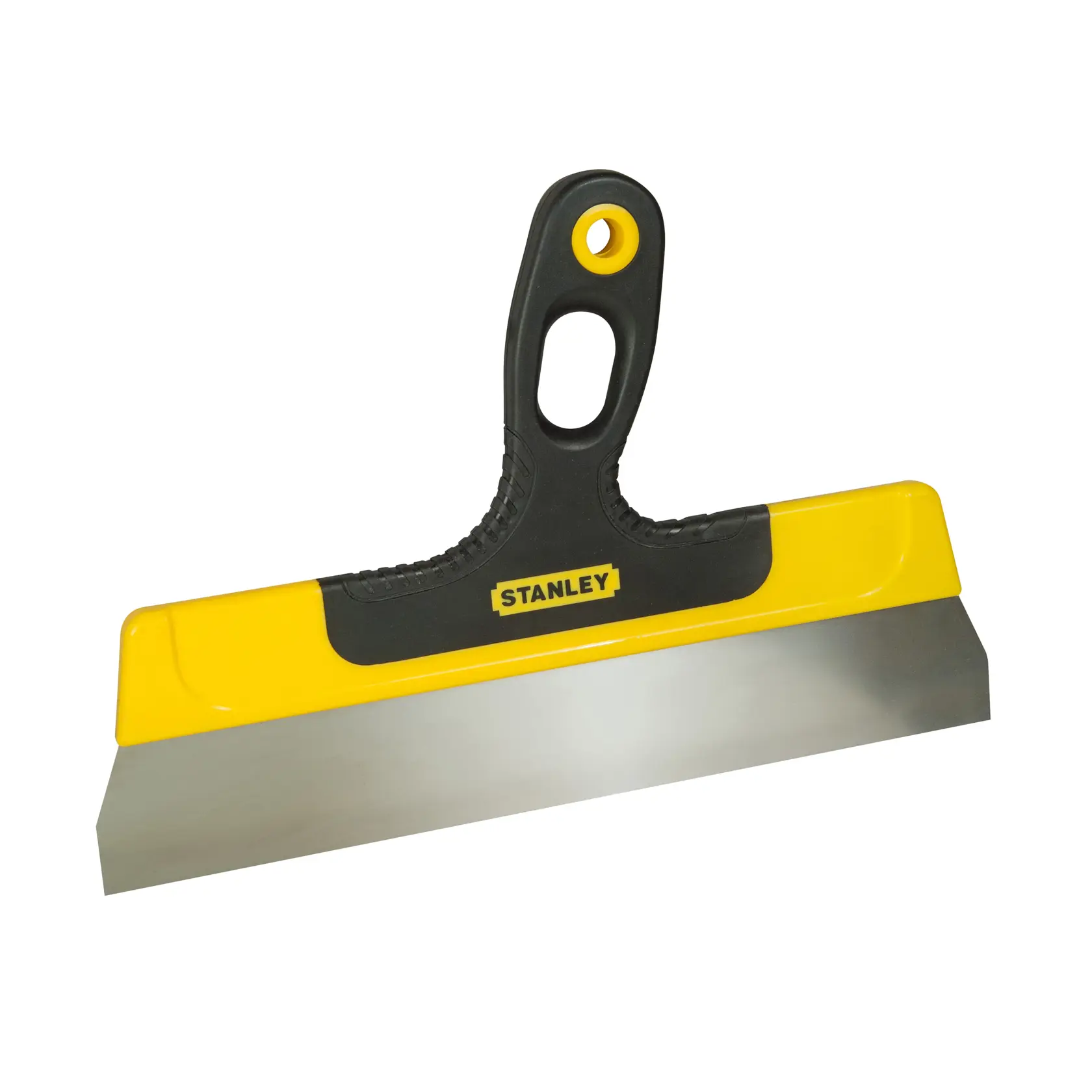 Stanley wide putty knife with black-yellow handle and steel blade, used for spreading plaster or filler.