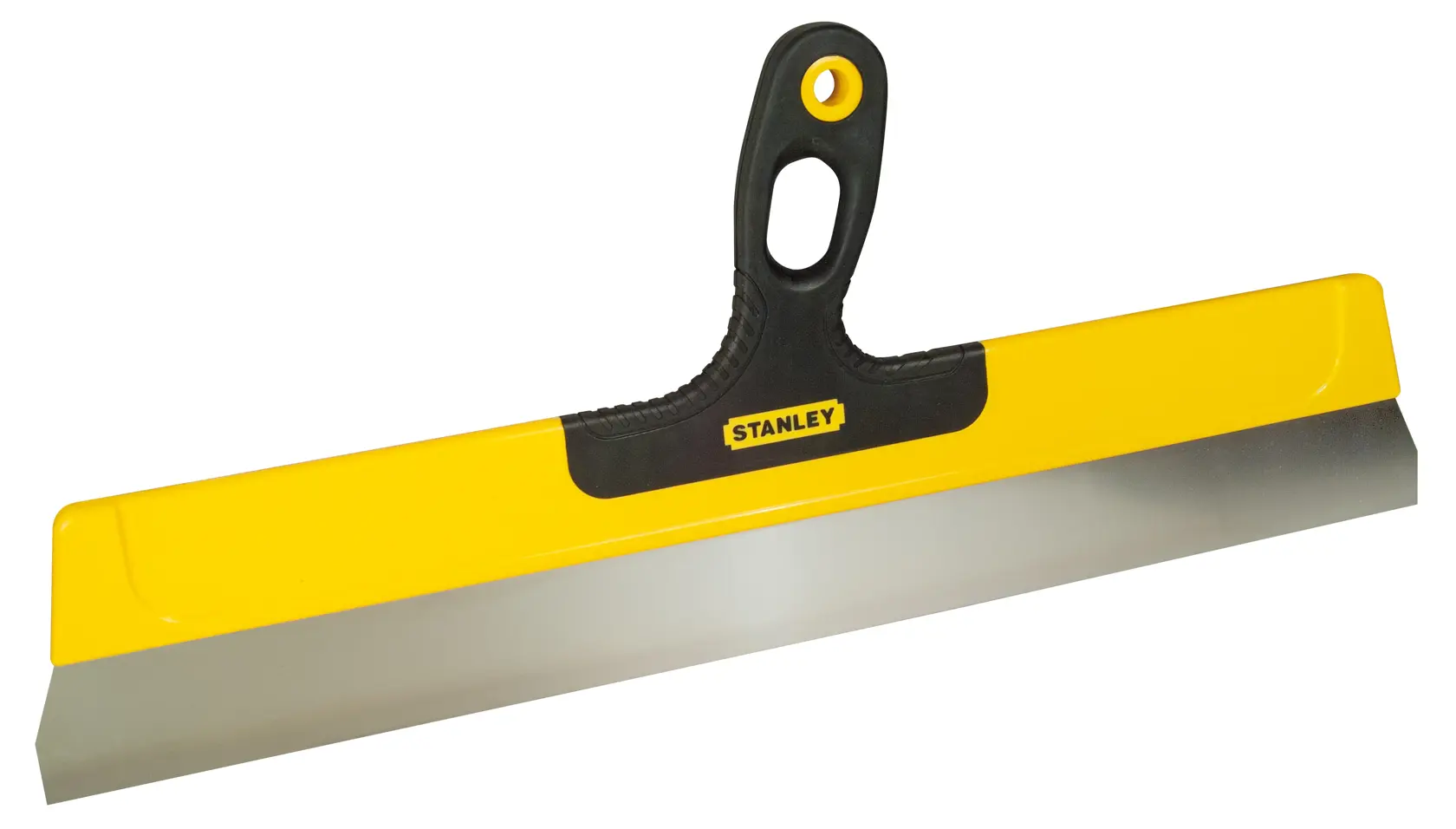 Stanley drywall taping knife with yellow handle and wide stainless steel blade for smooth finishing.