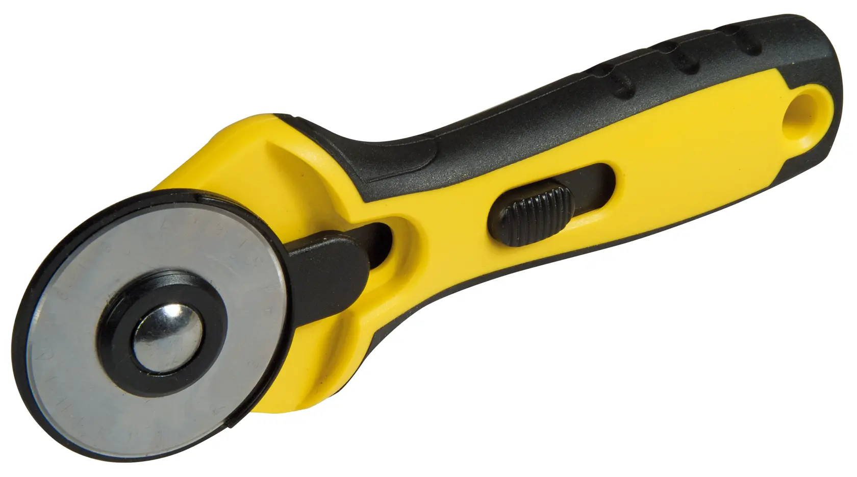 STANLEY STHT0-10194 rotary cutter with yellow and black handle, side view on white background.
