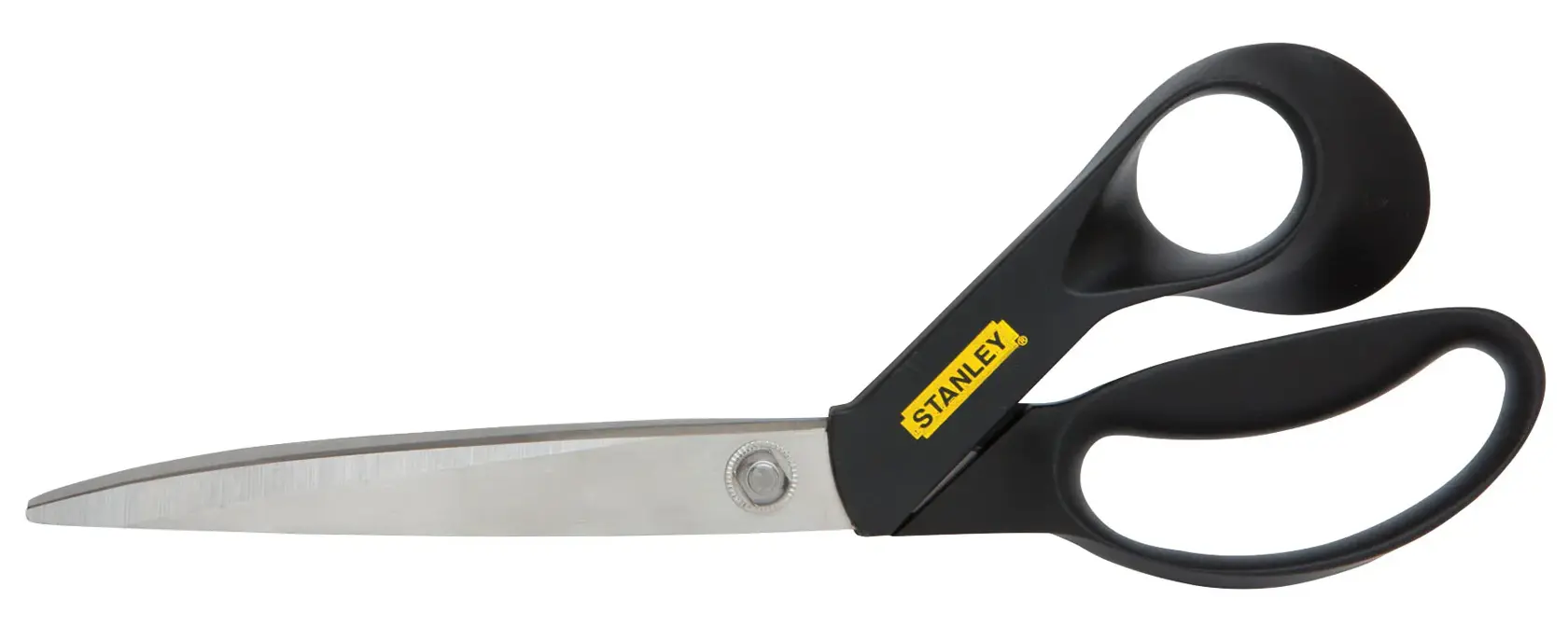 Stanley scissors with stainless steel blades and black handle, suitable for cutting paper or fabric.