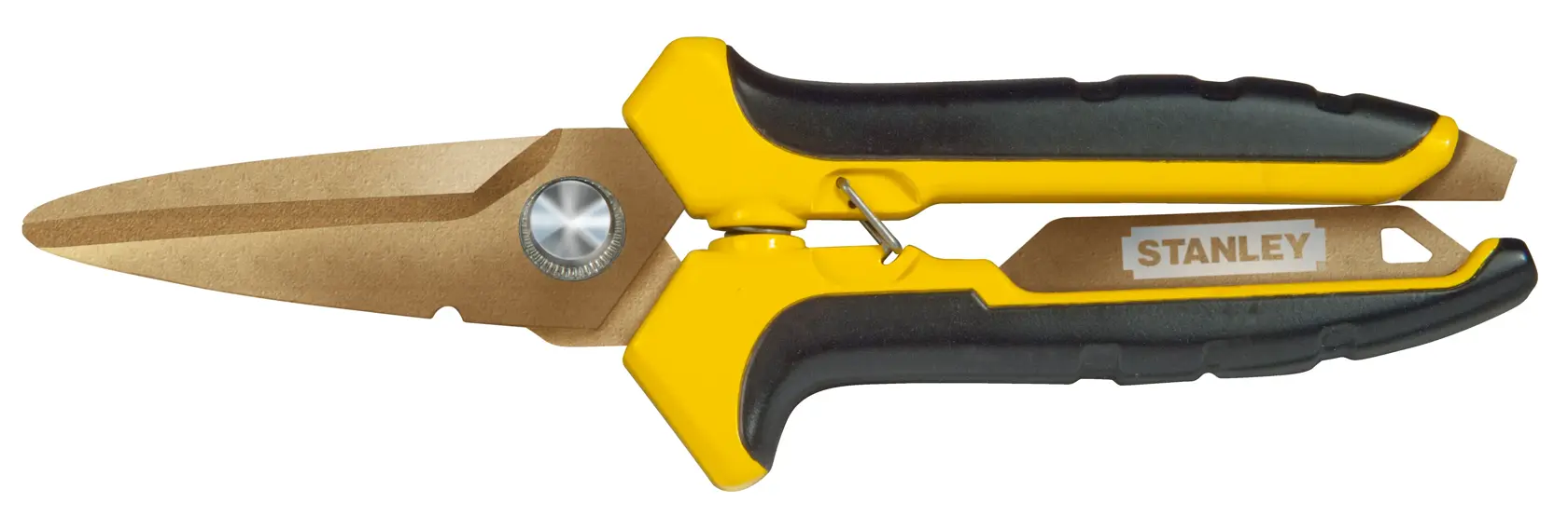 Photo of STANLEY STHT0-14103 utility scissors with yellow and black handles, titanium-coated straight blades, side view.