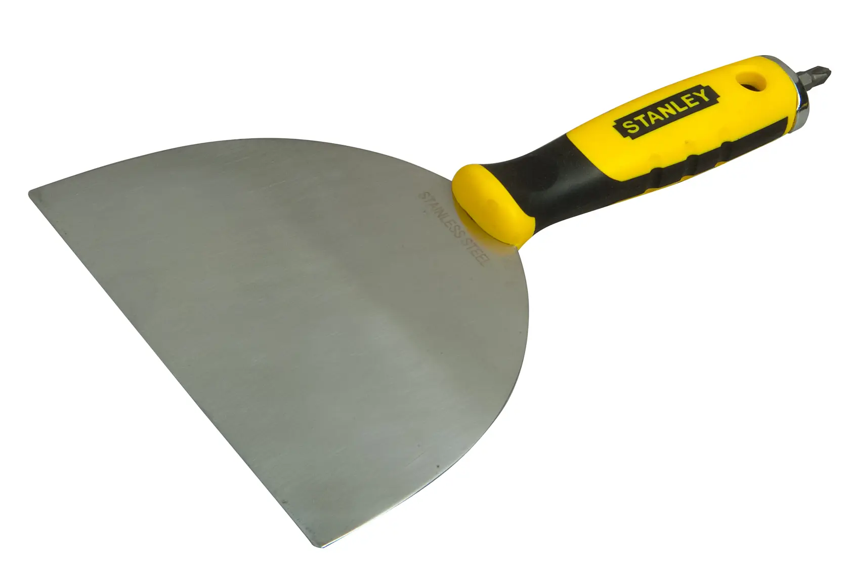 Stanley stainless steel putty knife with wide blade and yellow-black handle.