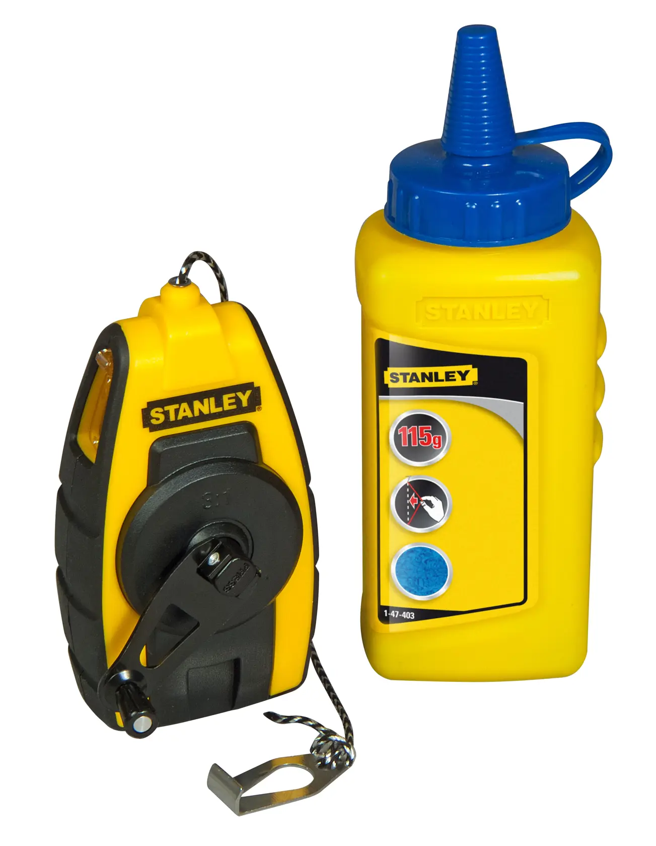 STANLEY STHT0-47244 chalk line reel and blue chalk bottle, front angle on white background.