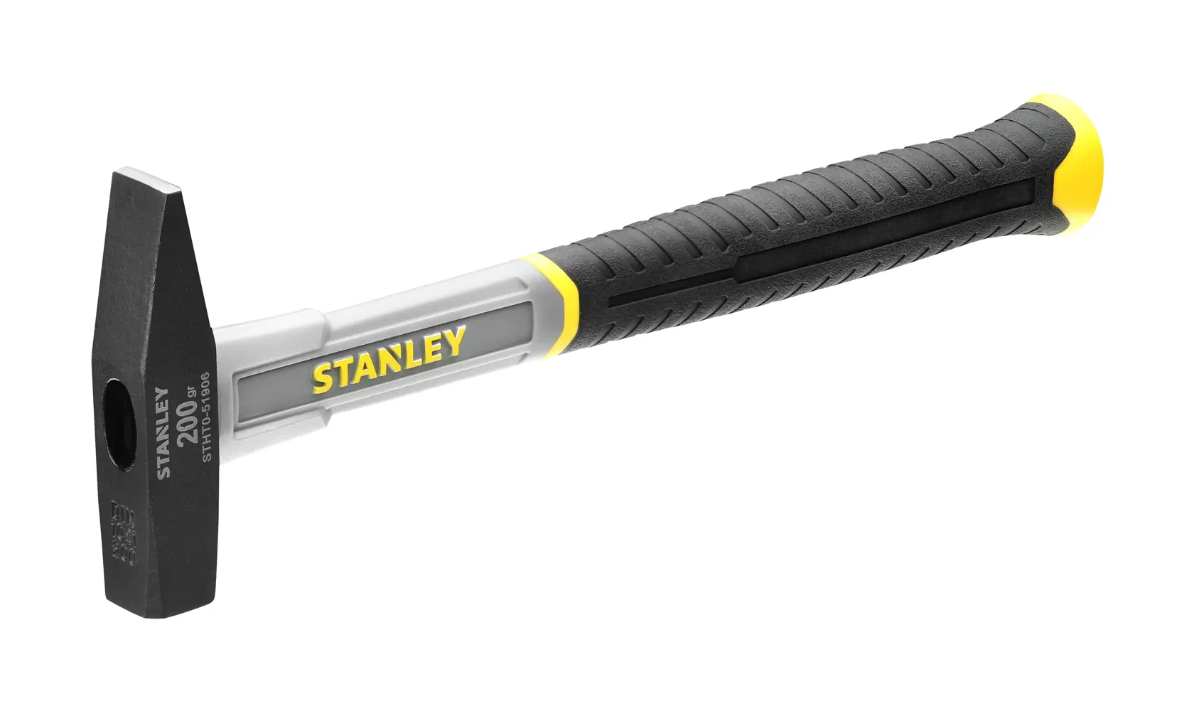 Stanley hammer STHT0-51906 with black and yellow handle, side angle, on white background.