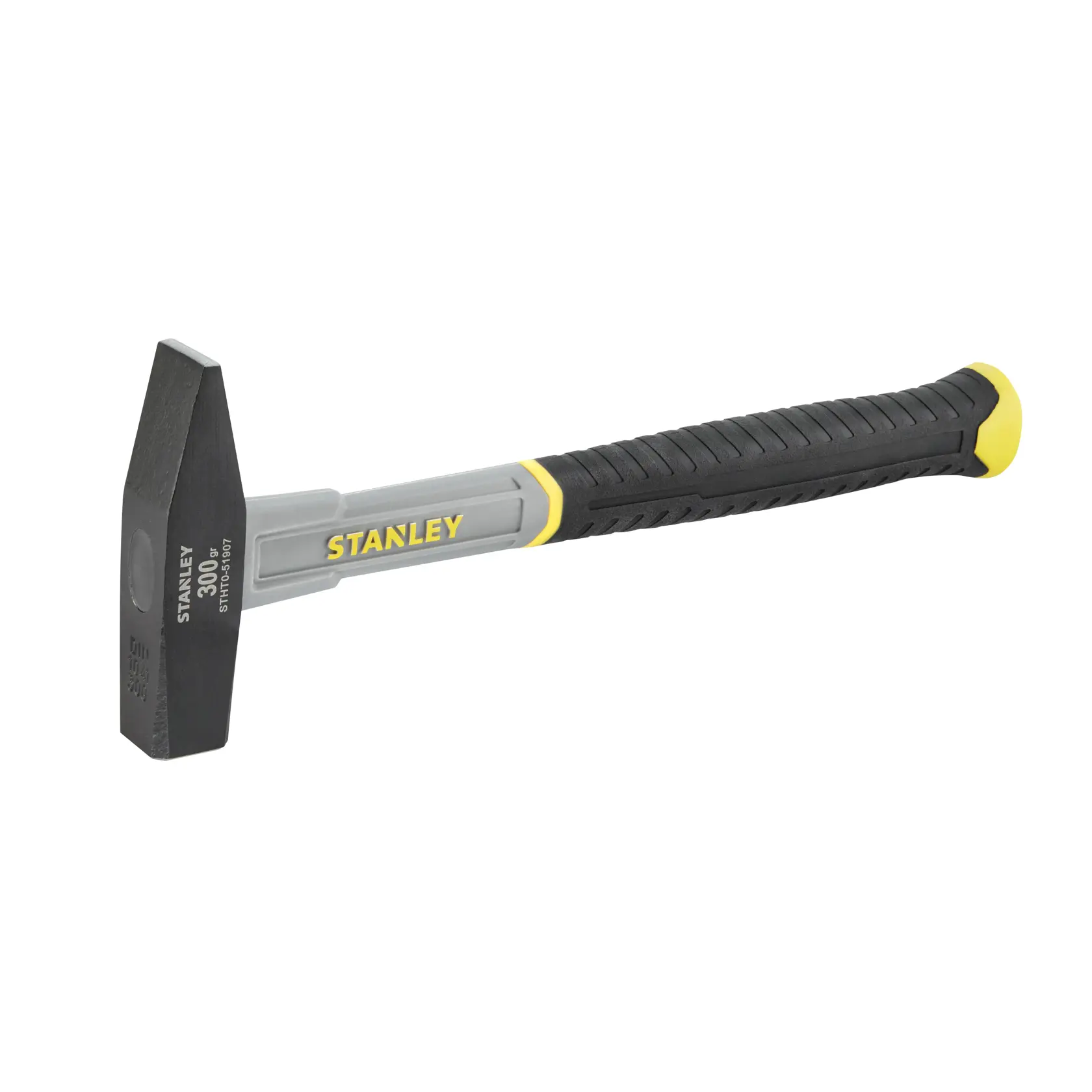 Stanley 300g hammer with a black and yellow handle and metal head shown on white background.