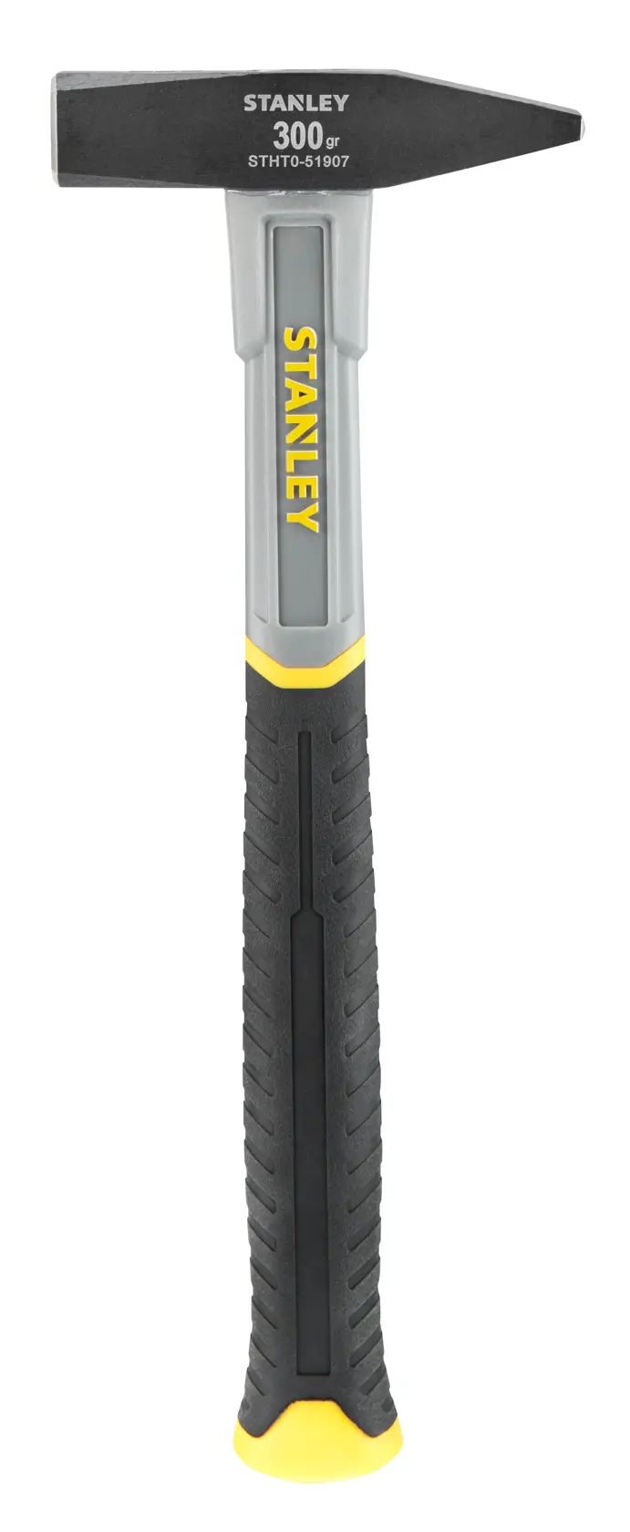 STANLEY STHT0-51907 hammer, black and yellow handle, front angle photo.