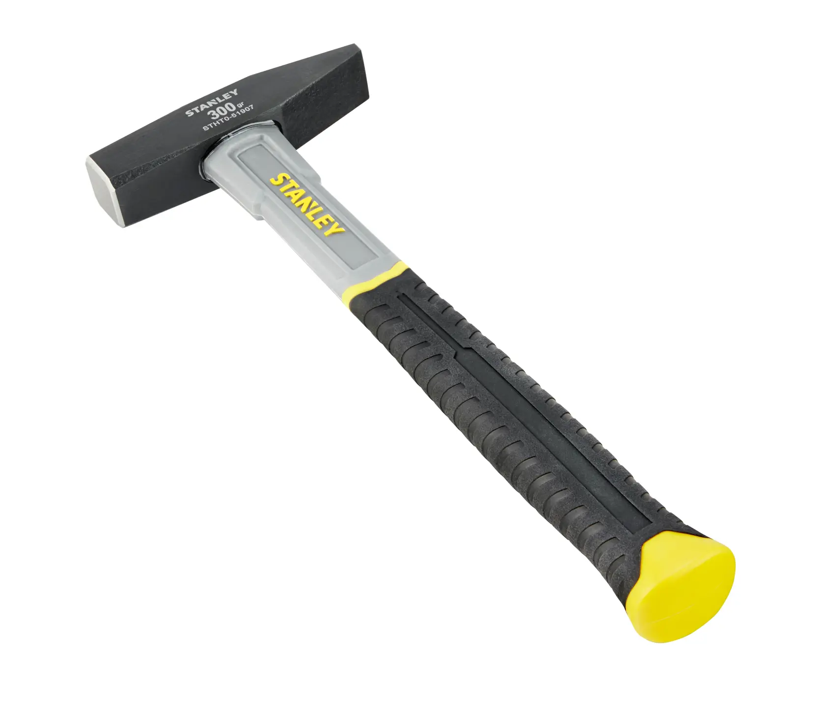STANLEY STHT0-51907 hammer with black head, grey and black handle, yellow accents, angled view, white background.