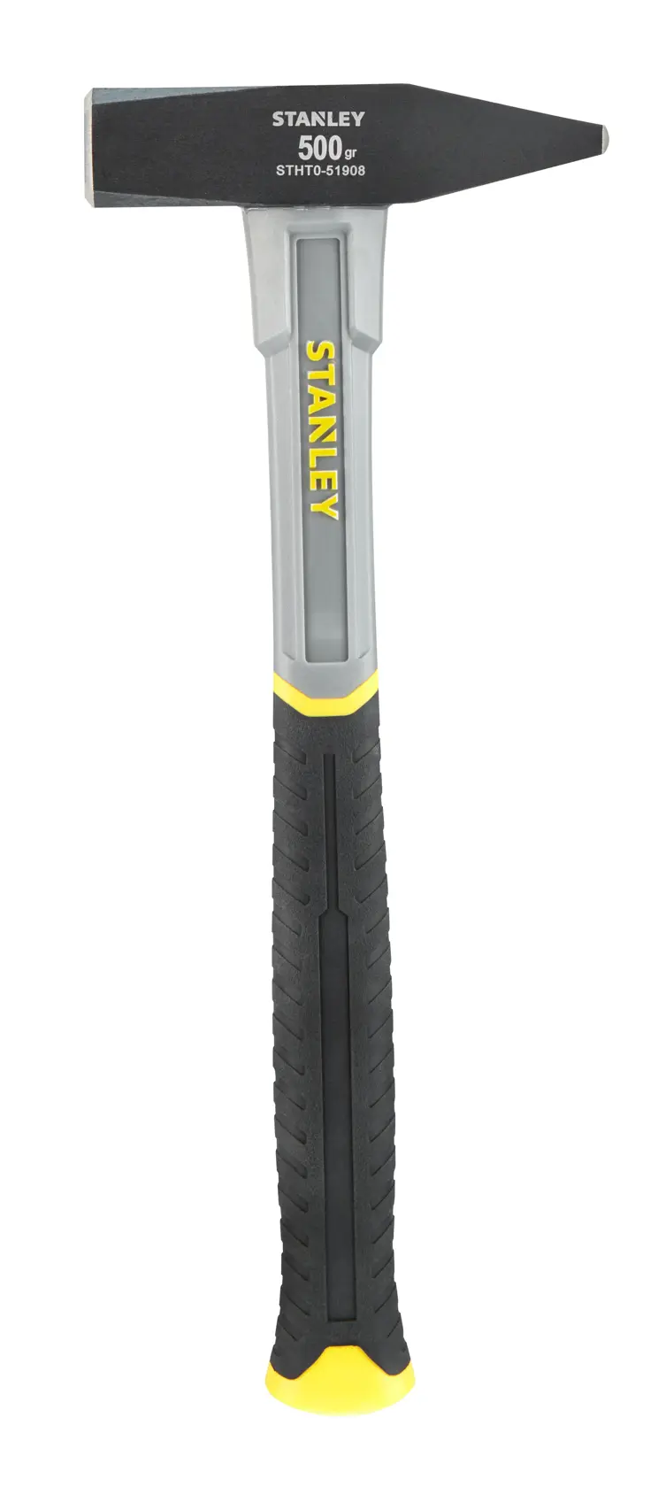 Photo of STANLEY STHT0-51908 black and yellow engineer hammer, front angle, textured handle, white background.