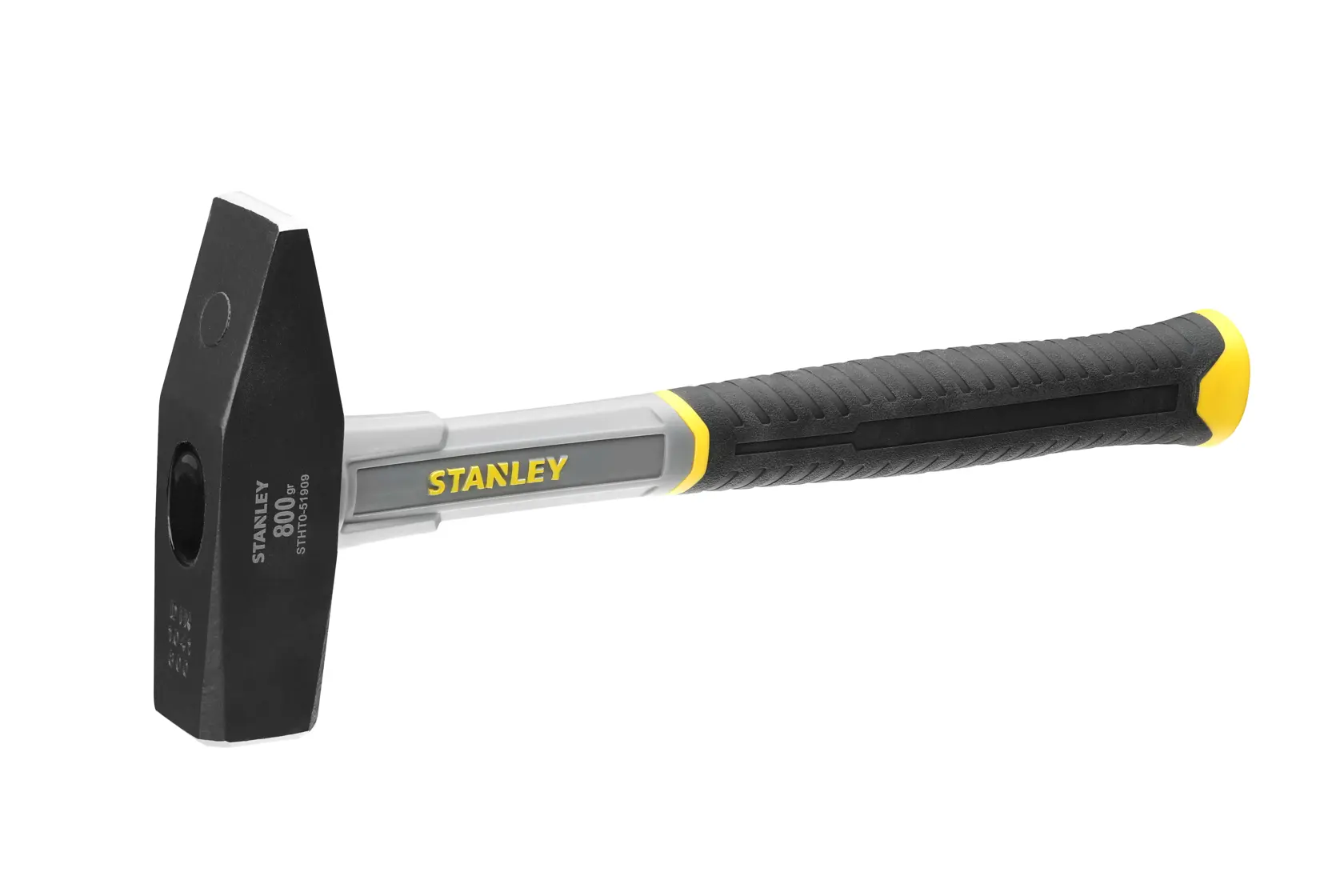 Photo of STANLEY STHT0-51909 club hammer with black-and-yellow handle, angled on white background.