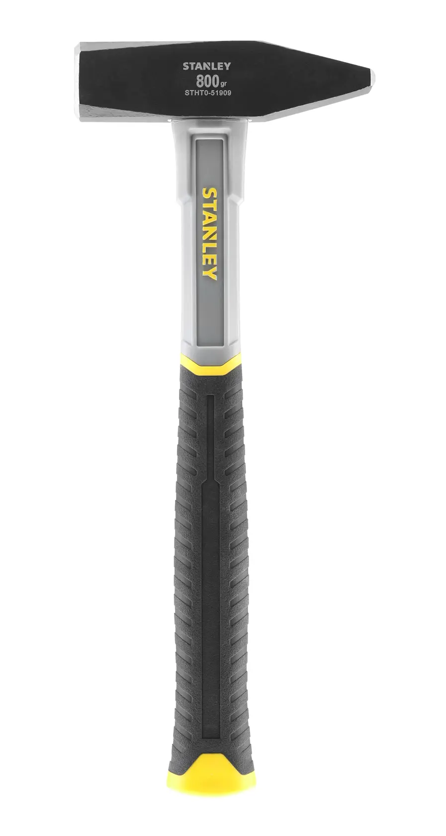 Stanley hammer with black and yellow handle, 800g weight, model STHT0-51909, shown upright.