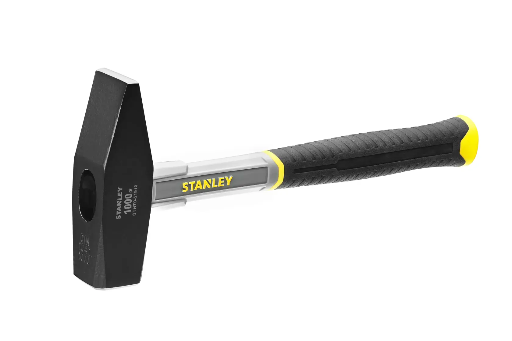 Stanley club hammer STHT0-51910, black and yellow handle, side view on white background.