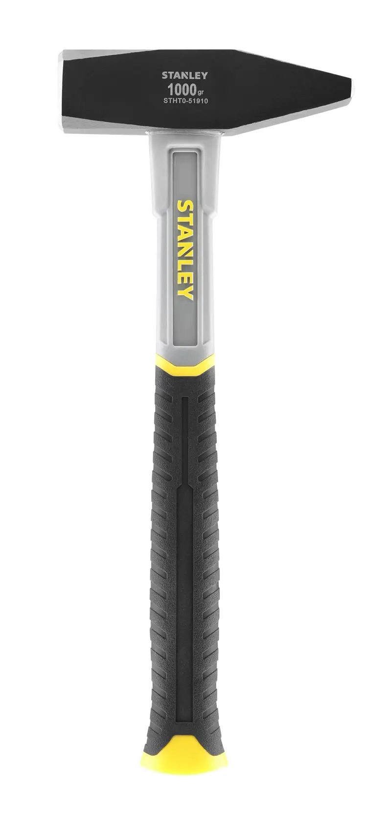 Stanley STHT0-51910 hammer with black and yellow handle, front view, on white background.