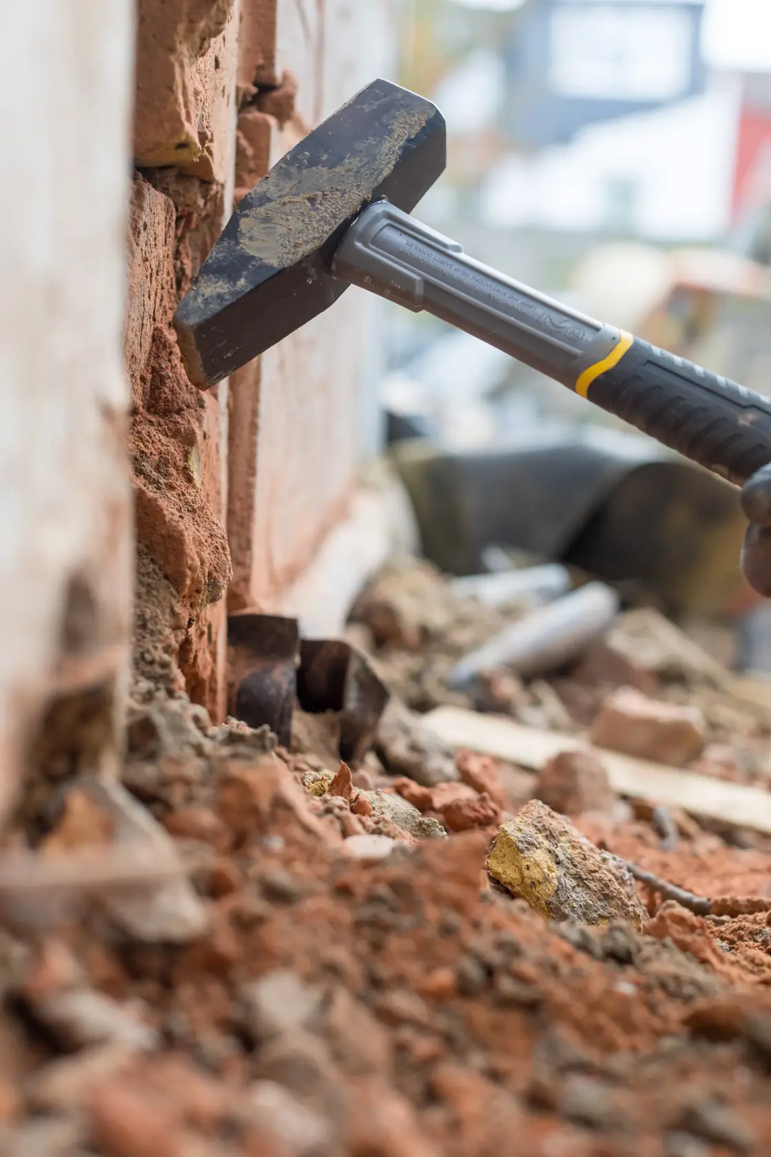 STANLEY STHT0-51910 hammer breaking brick wall, close-up on construction site.