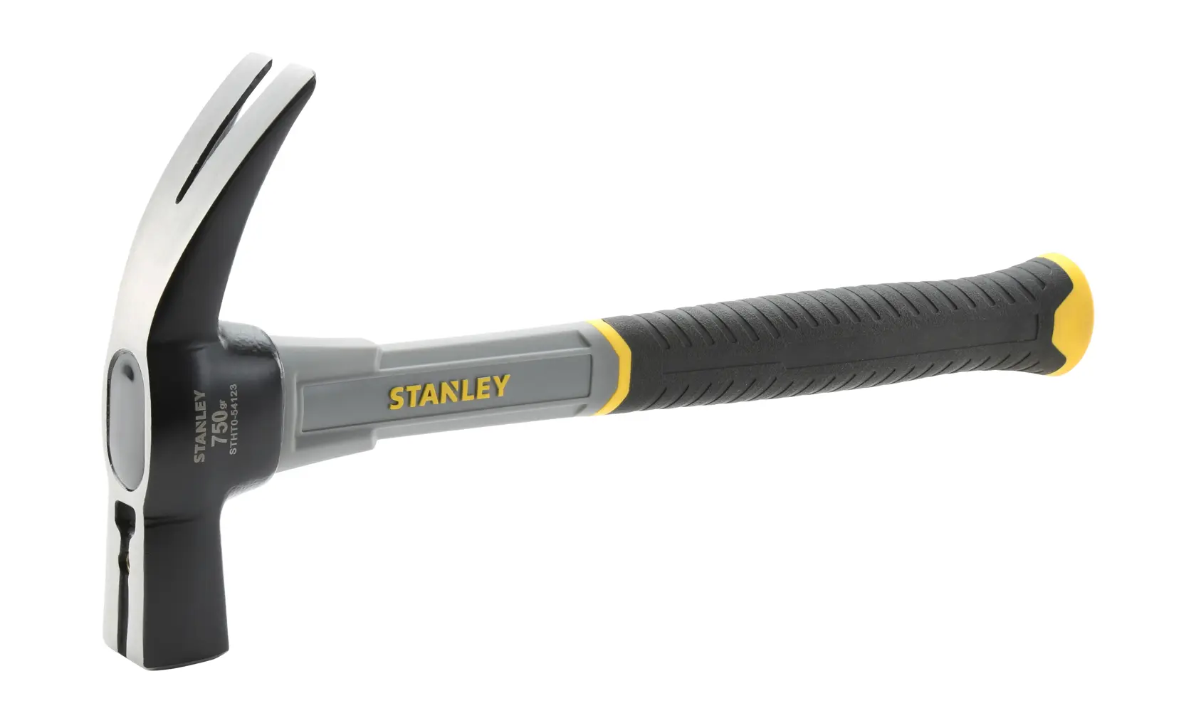 Stanley claw hammer with a black and grey handle and yellow accents, suitable for construction and DIY tasks.
