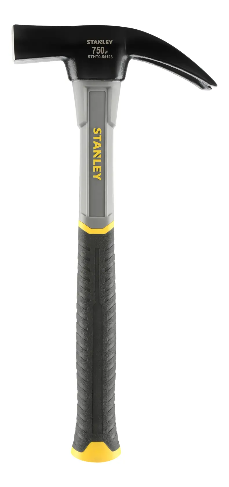 Stanley STHT0-54123 hammer with black and yellow grip and curved claw for nails.